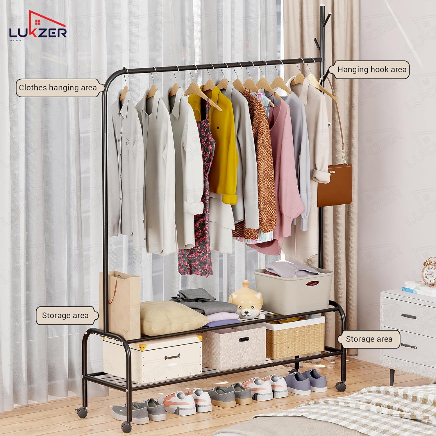 Lukzer Single Pole Portable Metal Garment Rack with 2 Bottom Shelves (MGR-008/Black) - Image 7