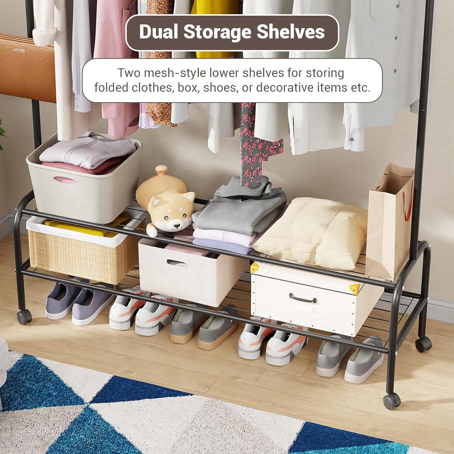 Lukzer Single Pole Portable Metal Garment Rack with 2 Bottom Shelves (MGR-008/Black) - Image 8