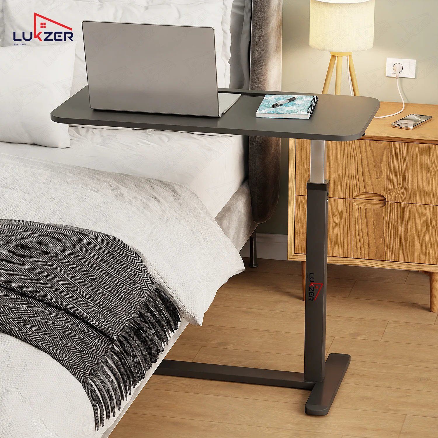 Lukzer Modern Adjustable Overbed Study Table with Wheels (MST-002/Black & Black) - Image 4
