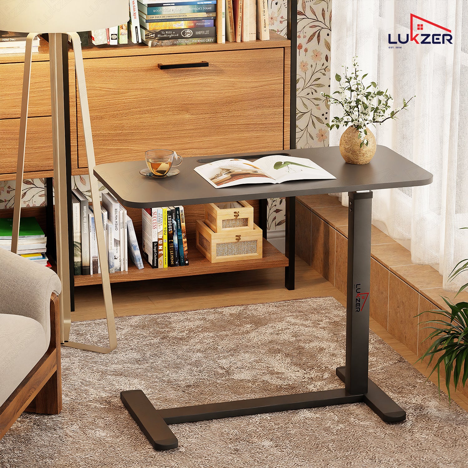 Lukzer Modern Adjustable Overbed Study Table with Wheels (MST-002/Black & Black) - Image 8