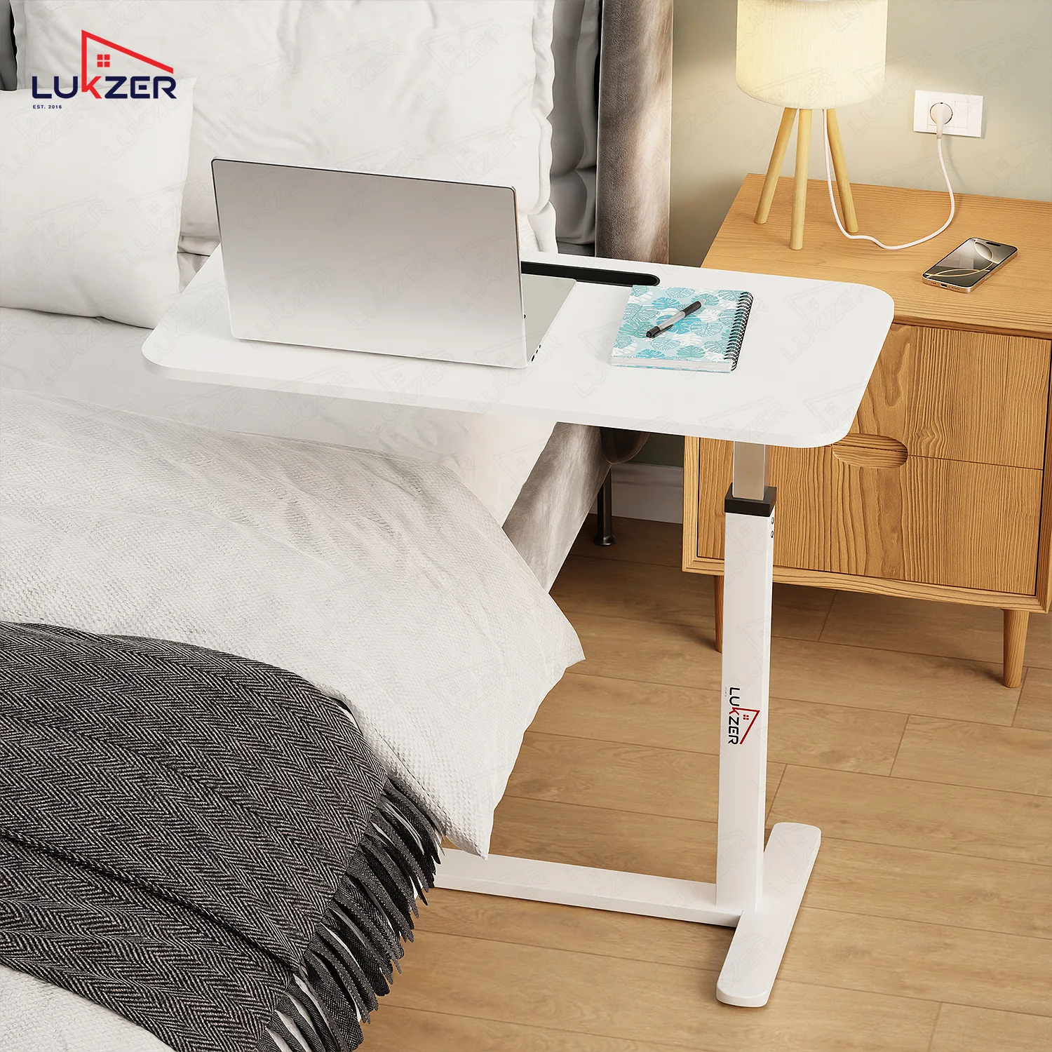 Lukzer Modern Adjustable Overbed Study Table with Wheels (MST-002/White & White) - Image 3