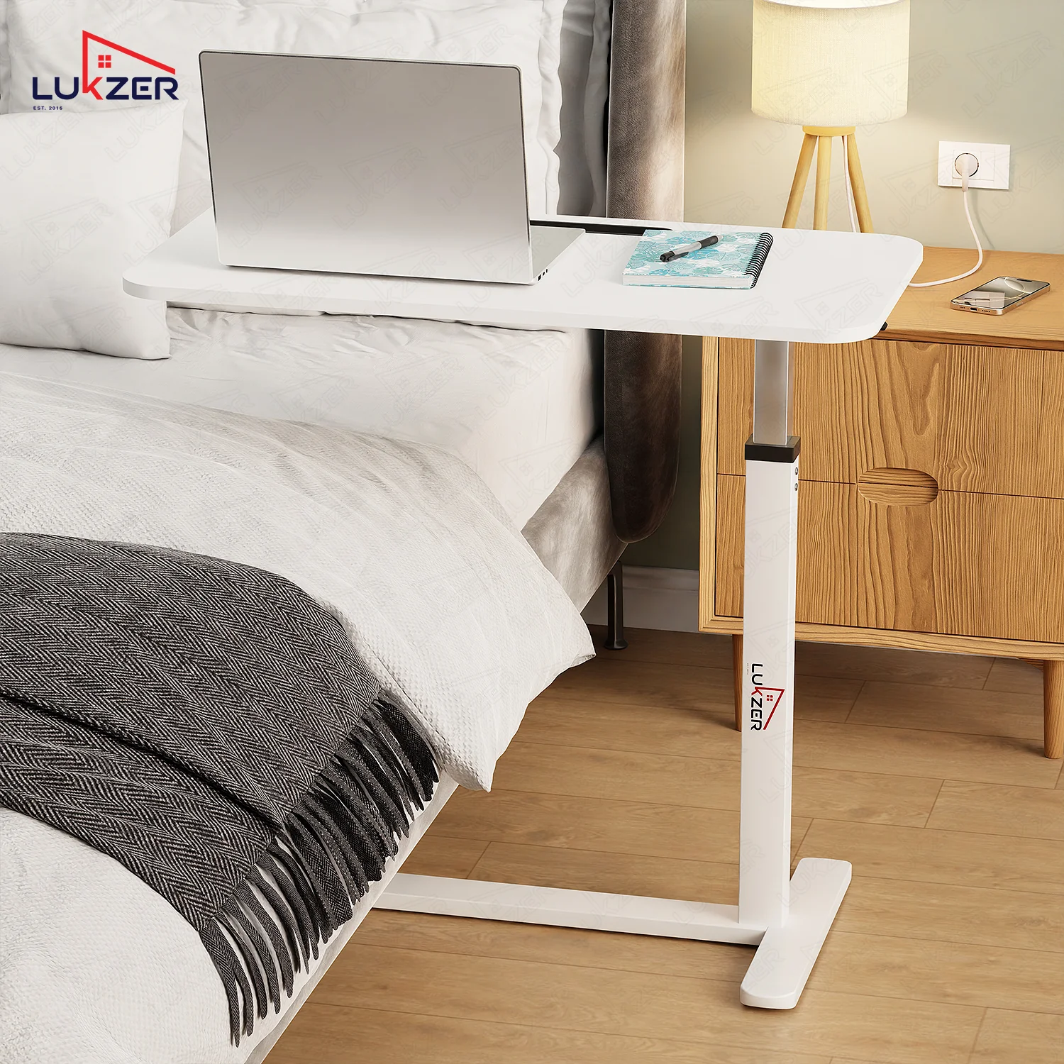 Lukzer Modern Adjustable Overbed Study Table with Wheels (MST-002/White & White) - Image 4