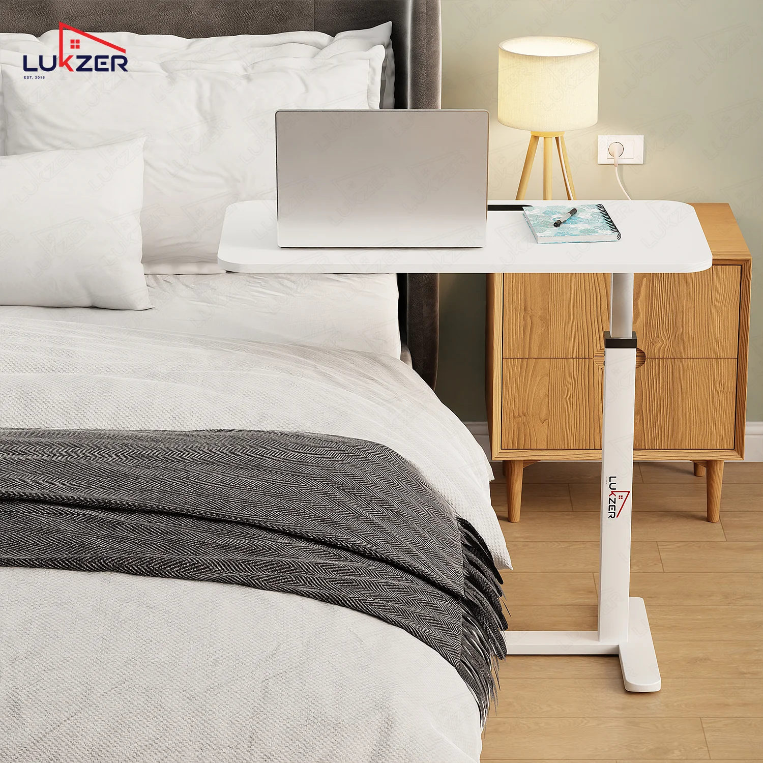 Lukzer Modern Adjustable Overbed Study Table with Wheels (MST-002/White & White) - Image 5