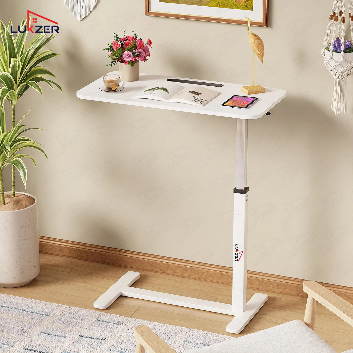 Lukzer Modern Adjustable Overbed Study Table with Wheels (MST-002/White & White) - Image 7