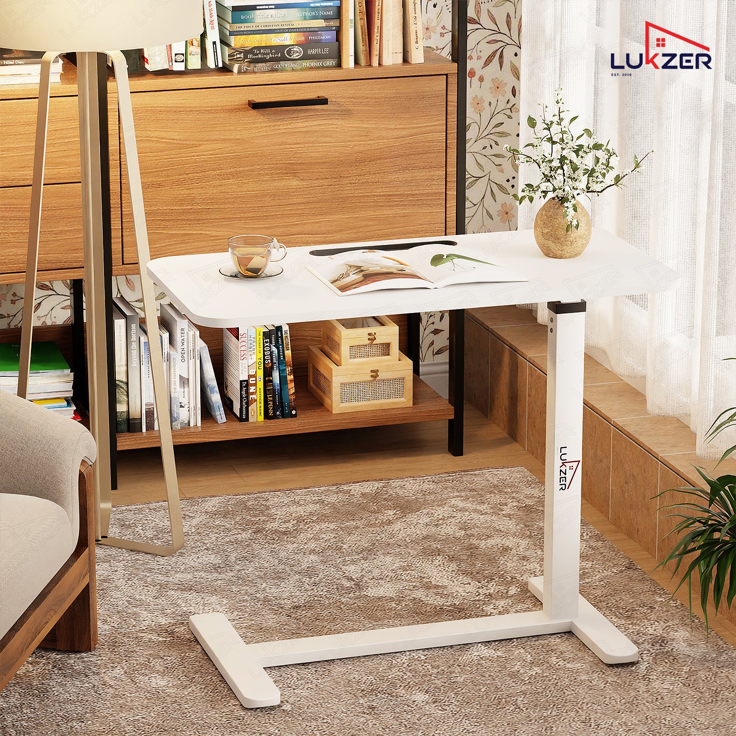 Lukzer Modern Adjustable Overbed Study Table with Wheels (MST-002/White & White) - Image 8
