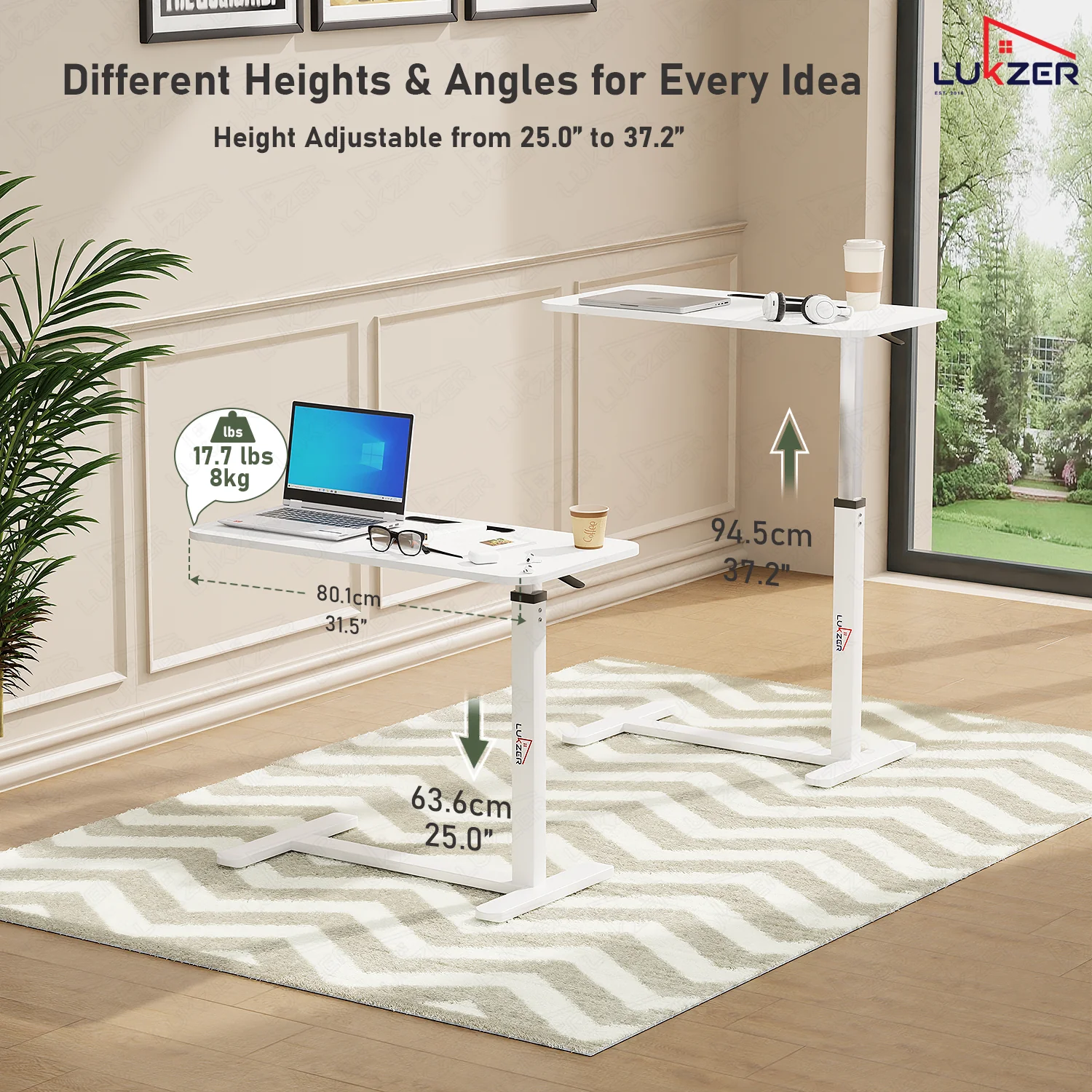 Lukzer Modern Adjustable Overbed Study Table with Wheels (MST-002/White & White) - Image 9