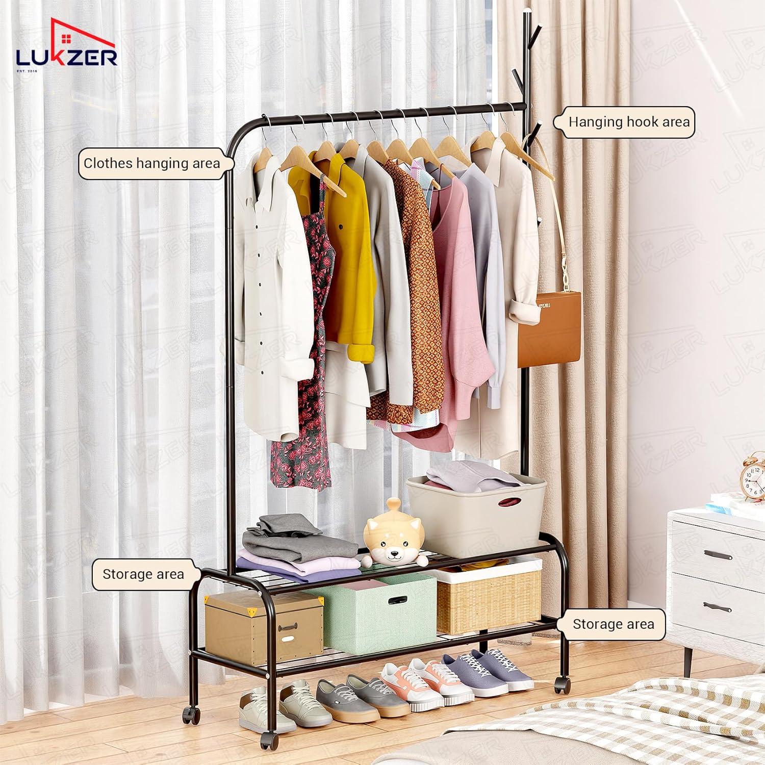 Lukzer Metal Garment Rack with Wheels & Double Bottom Storage Shelves (MGR-006/Black) - Image 5