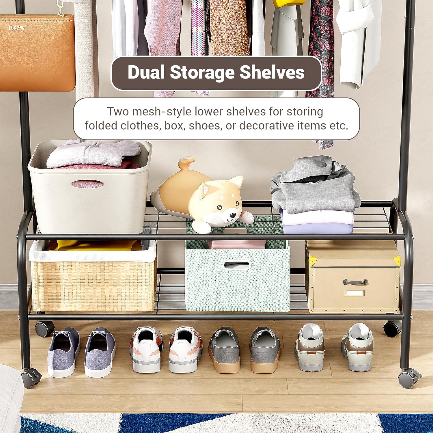 Lukzer Metal Garment Rack with Wheels & Double Bottom Storage Shelves (MGR-006/Black) - Image 6