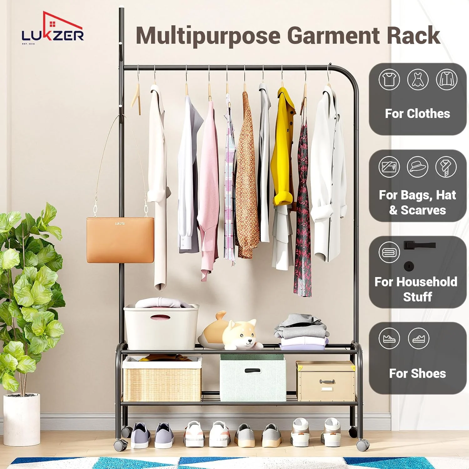 Lukzer Metal Garment Rack with Wheels & Double Bottom Storage Shelves (MGR-006/Black) - Image 8