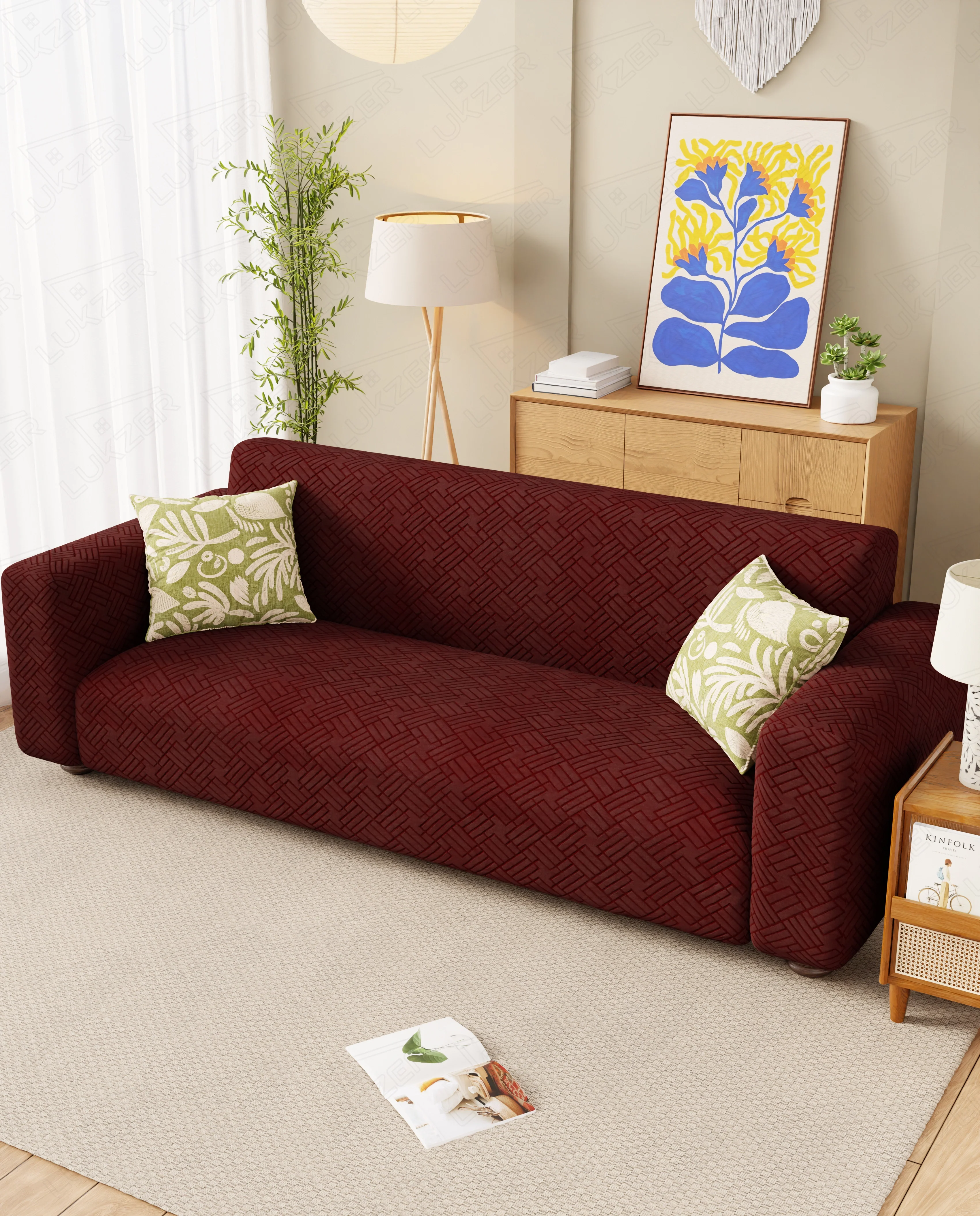 Lukzer Pastel Shades Textured Sofa Cover - Deep Maroon Abstract (SC-172-01) - Image 3