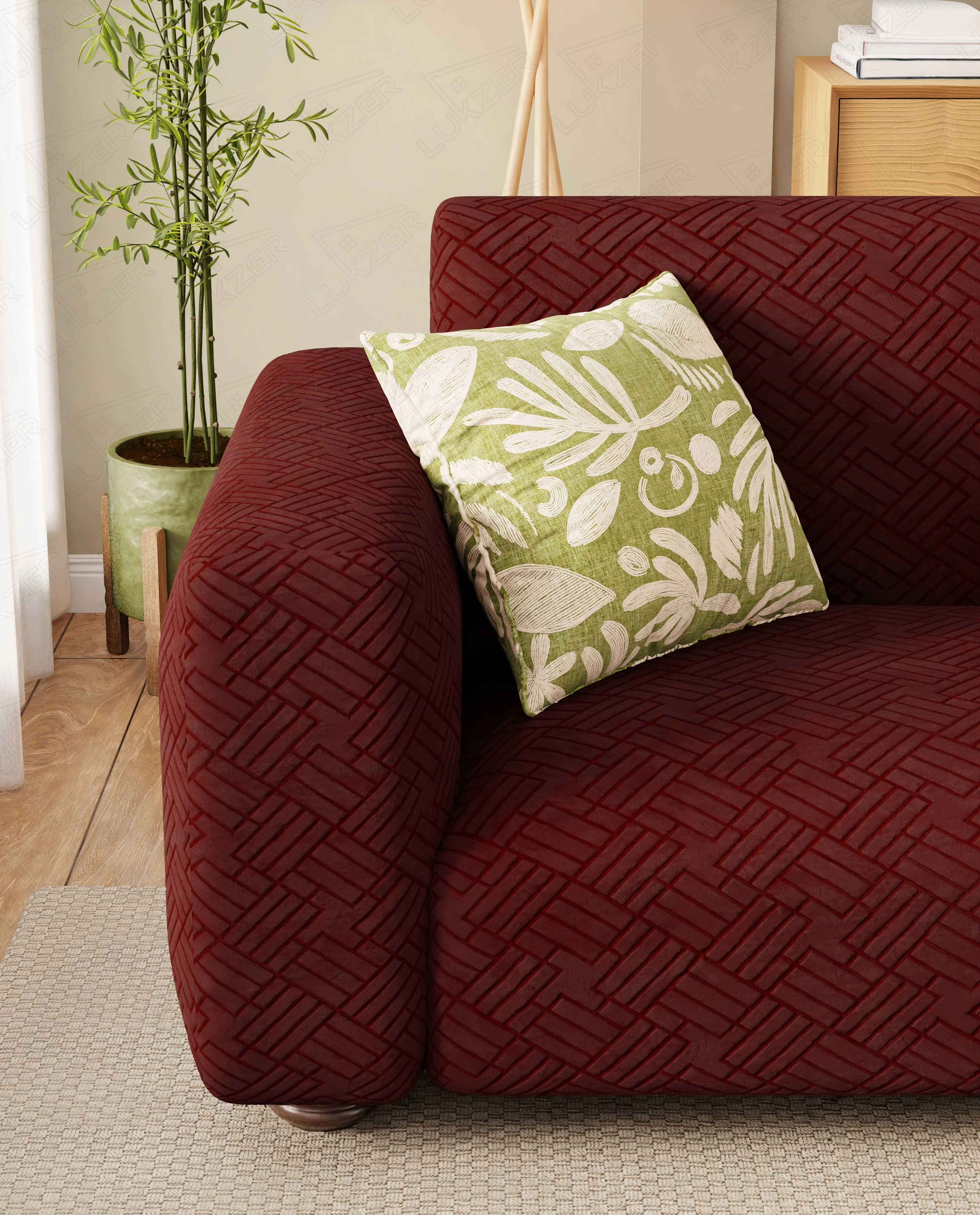 Lukzer Pastel Shades Textured Sofa Cover - Deep Maroon Abstract (SC-172-01) - Image 5