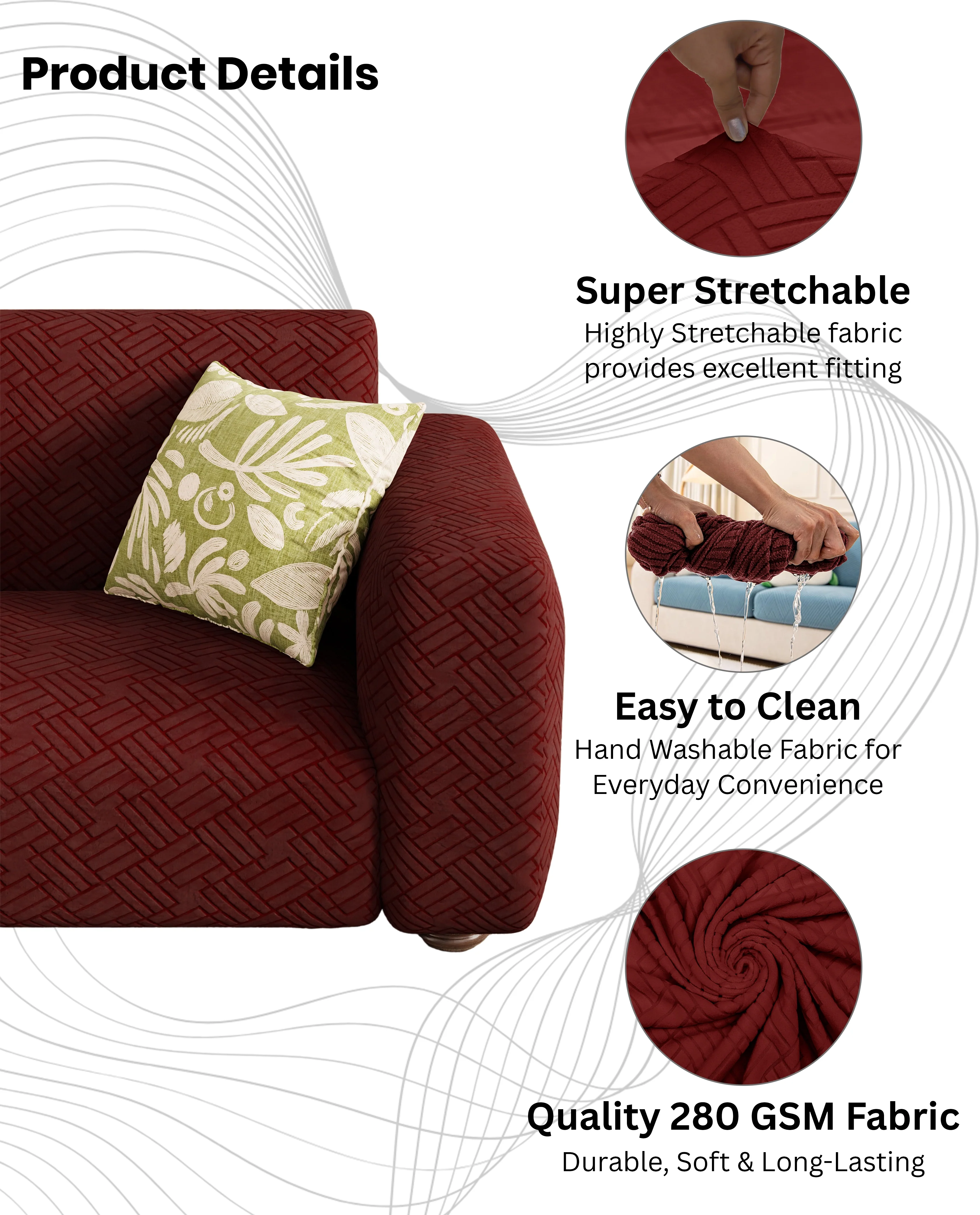 Lukzer Pastel Shades Textured Sofa Cover - Deep Maroon Abstract (SC-172-01) - Image 8