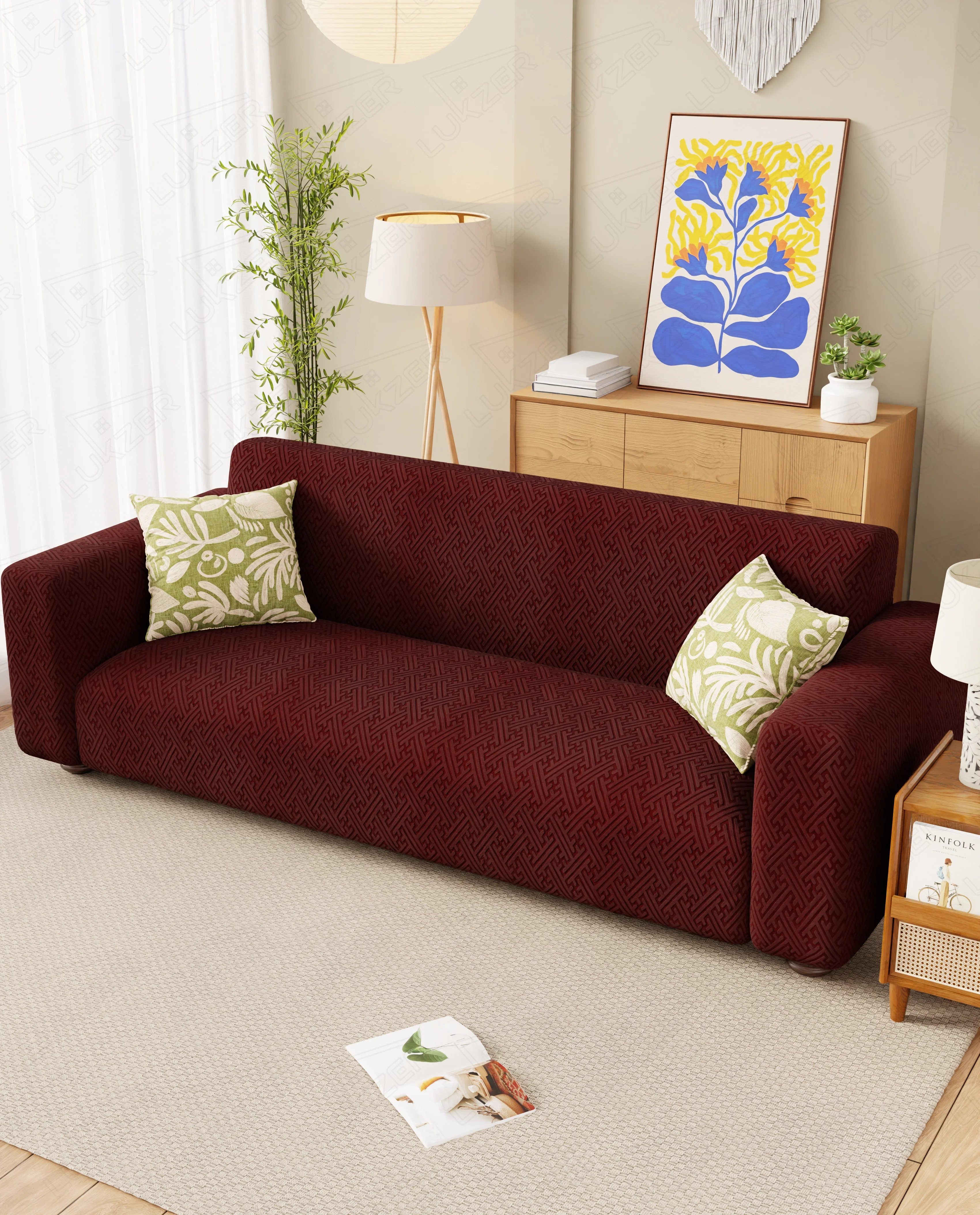Lukzer Pastel Shades Textured Sofa Cover Deep Maroon Grid Maze (SC-109-01) - Image 3