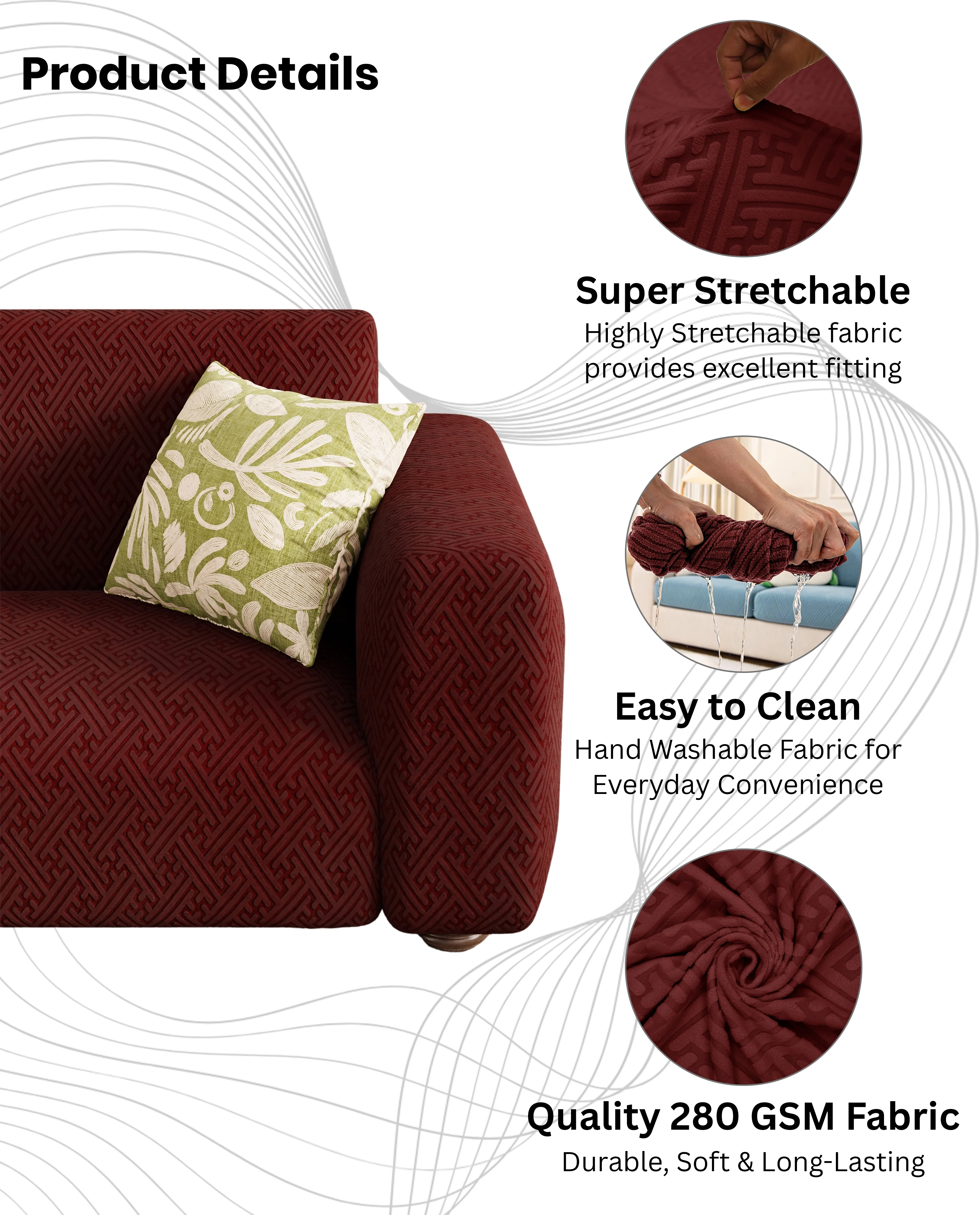 Lukzer Pastel Shades Textured Sofa Cover Deep Maroon Grid Maze (SC-109-01) - Image 8