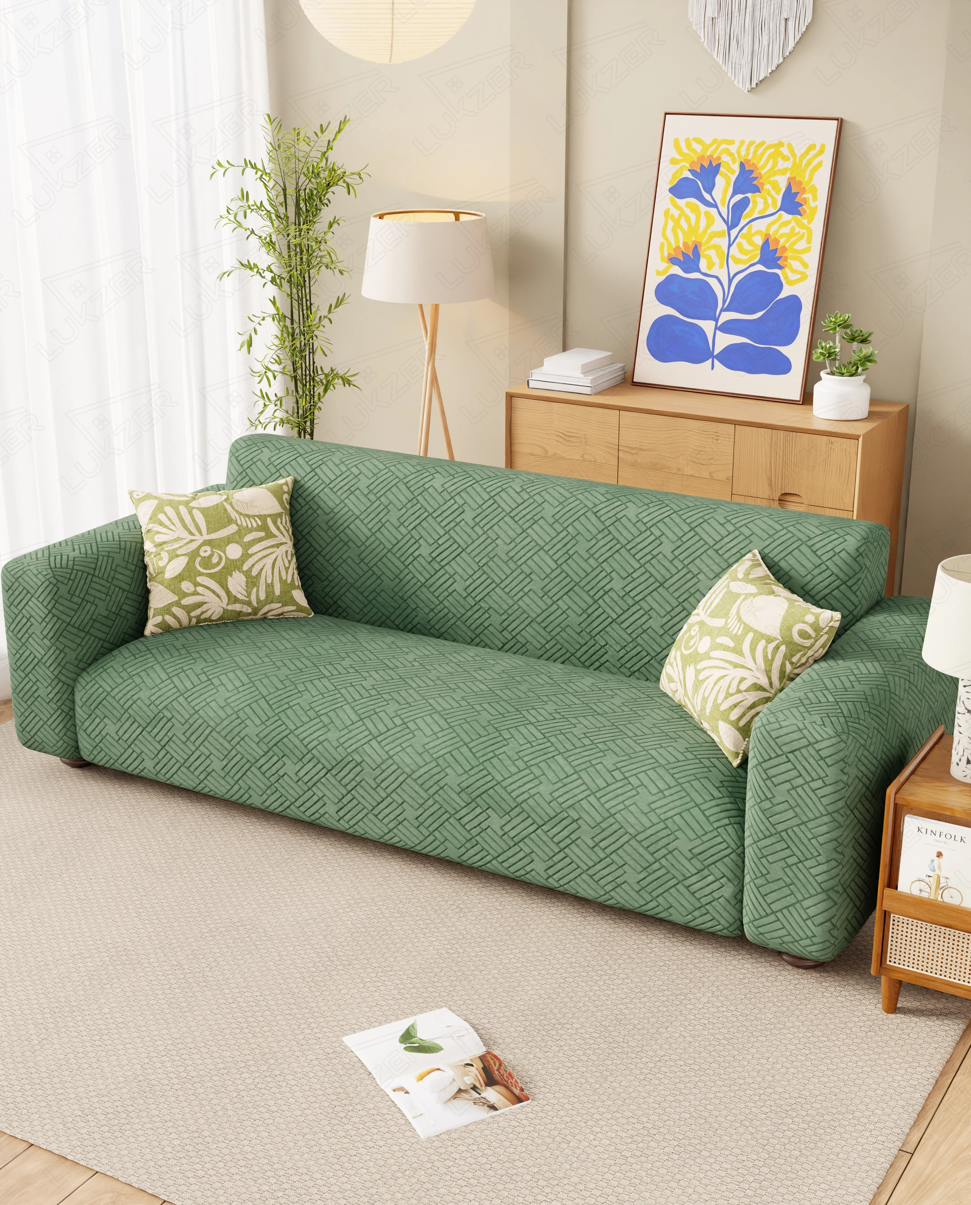 Lukzer Pastel Shades Textured Sofa Cover - Green Abstract (SC-167-01) - Image 3