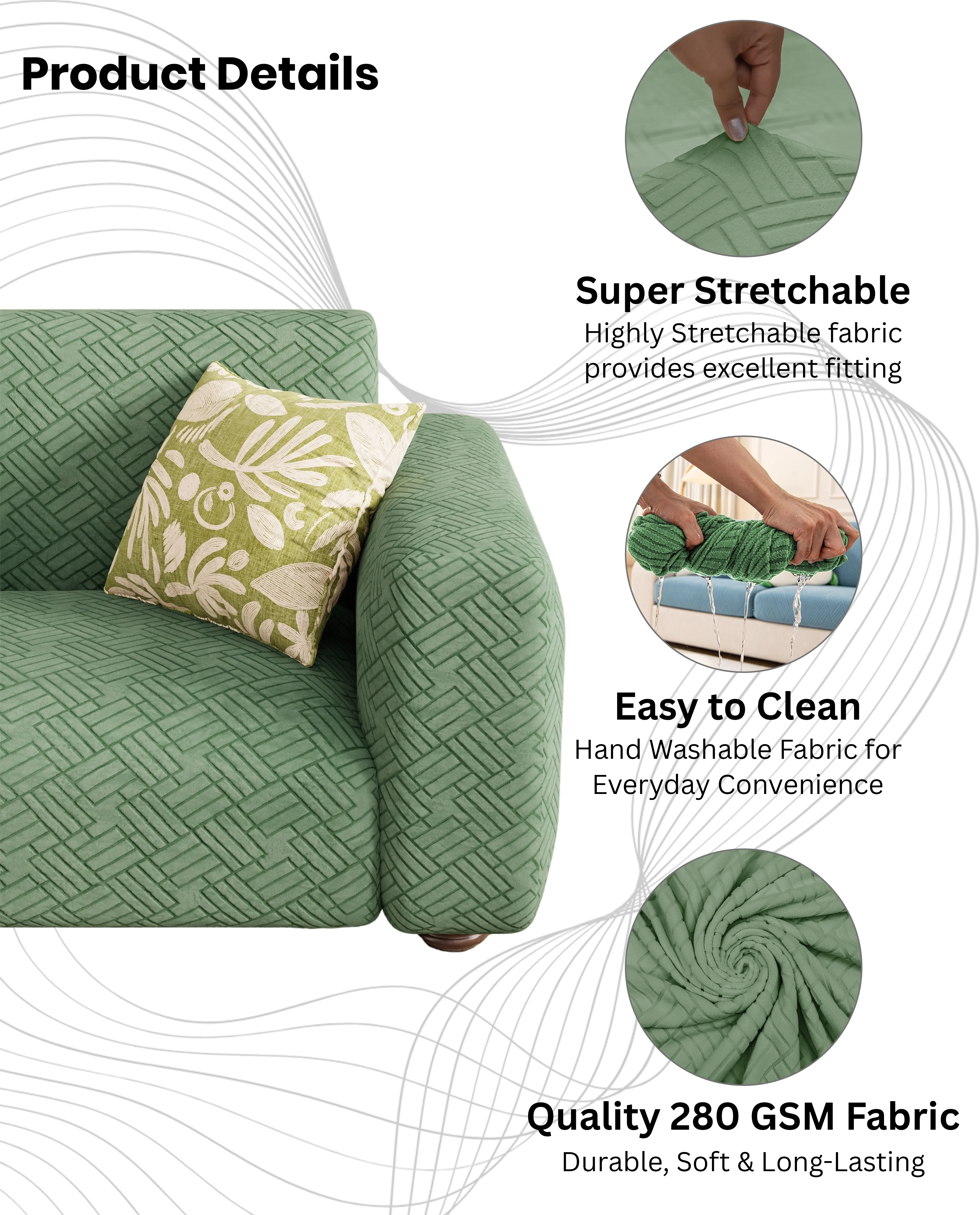 Lukzer Pastel Shades Textured Sofa Cover - Green Abstract (SC-167-01) - Image 8