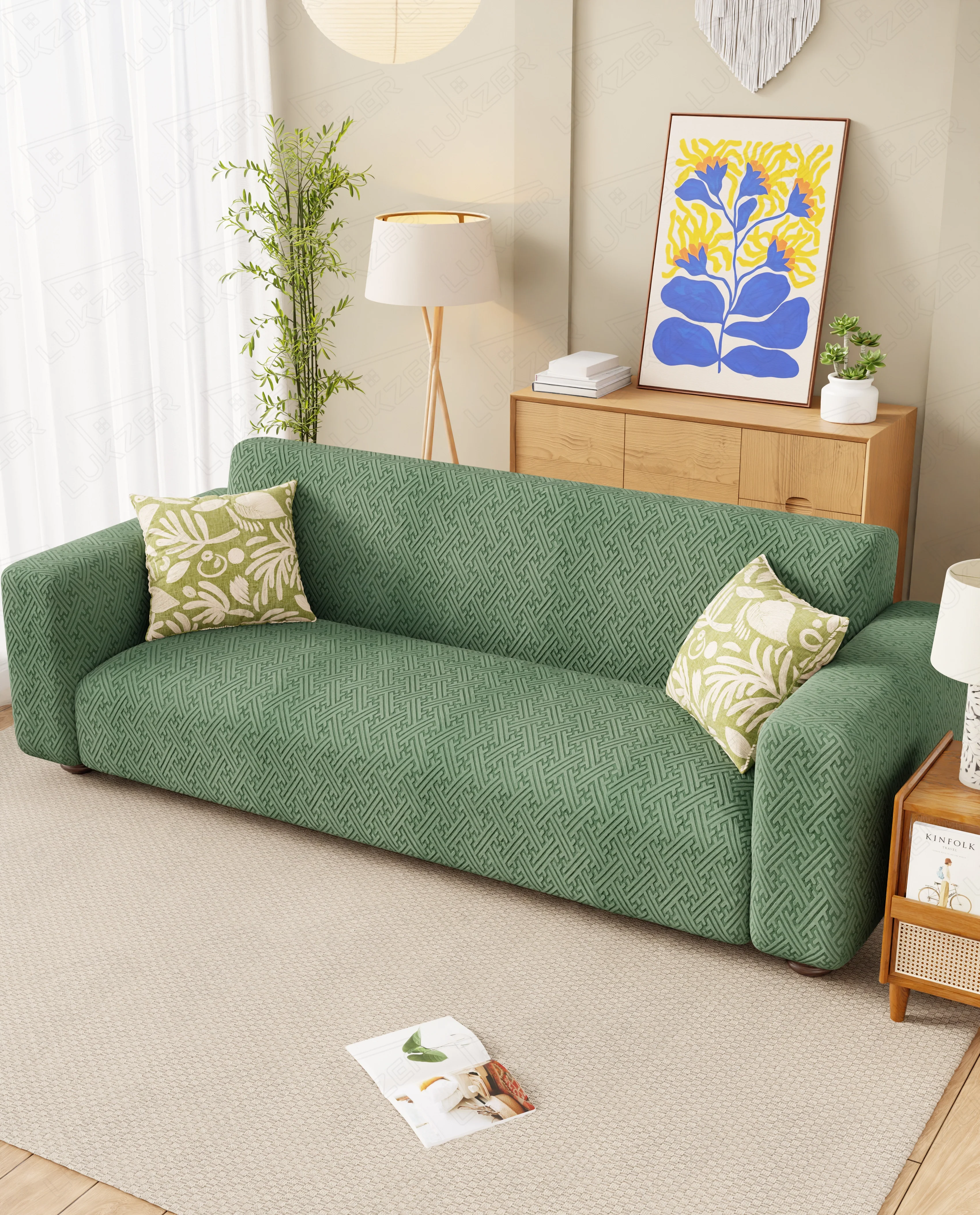 Lukzer Pastel Shades Textured Sofa Cover  Green Grid Maze (SC-107-01) - Image 3