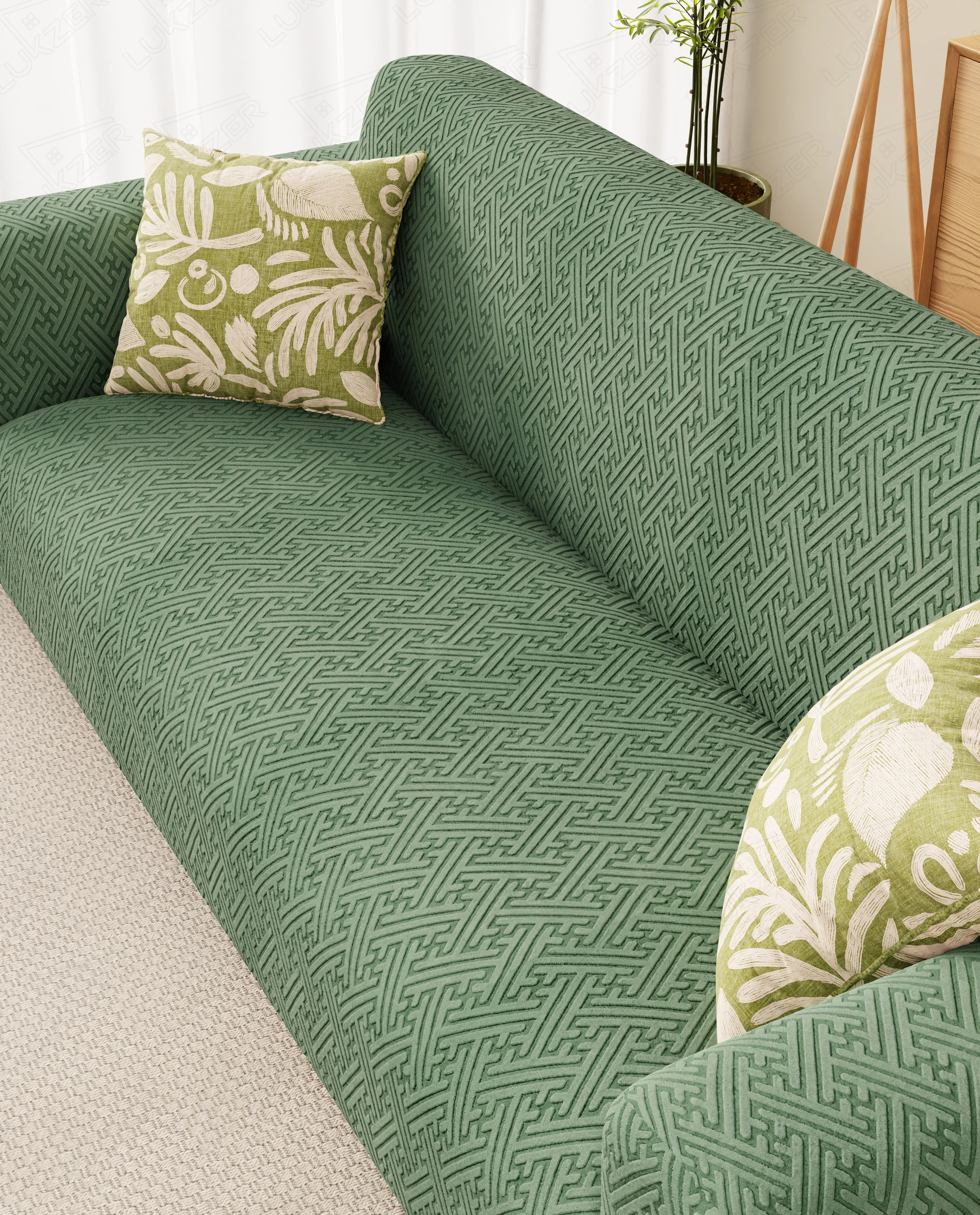 Lukzer Pastel Shades Textured Sofa Cover  Green Grid Maze (SC-107-01) - Image 4