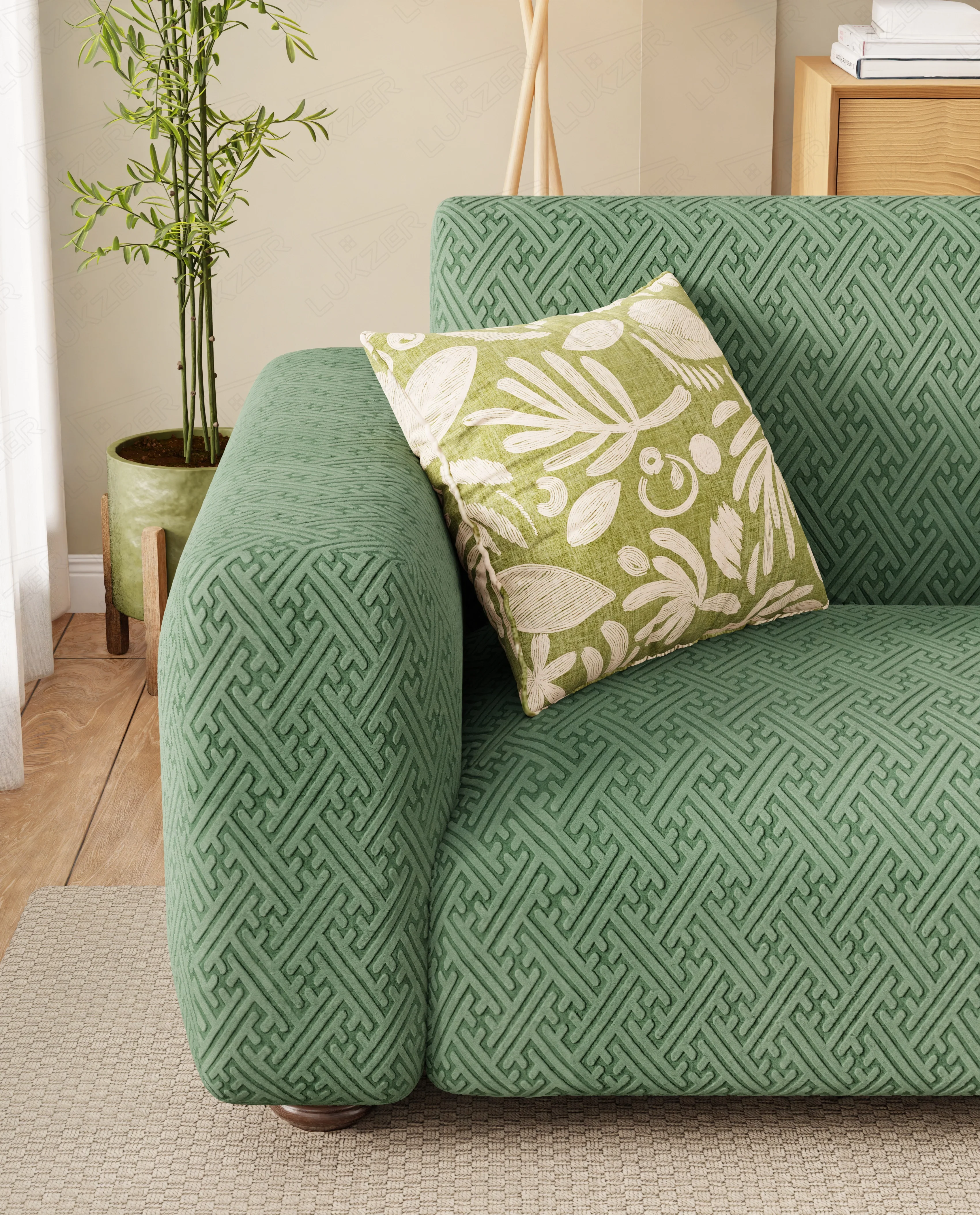 Lukzer Pastel Shades Textured Sofa Cover  Green Grid Maze (SC-107-01) - Image 5