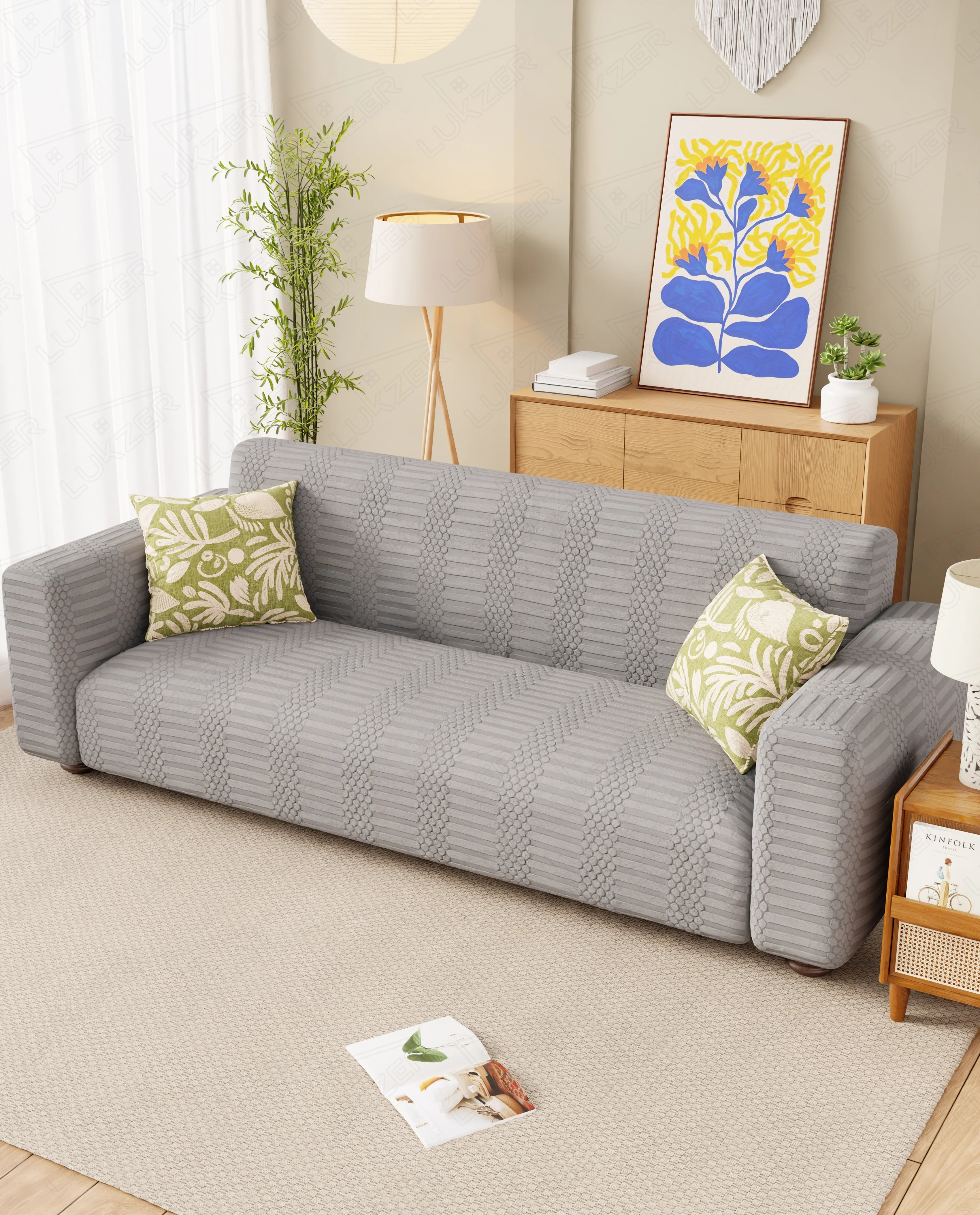 Lukzer Pastel Shades Textured Sofa Cover - Light Grey Dotted Stripe (SC-067-01) - Image 3