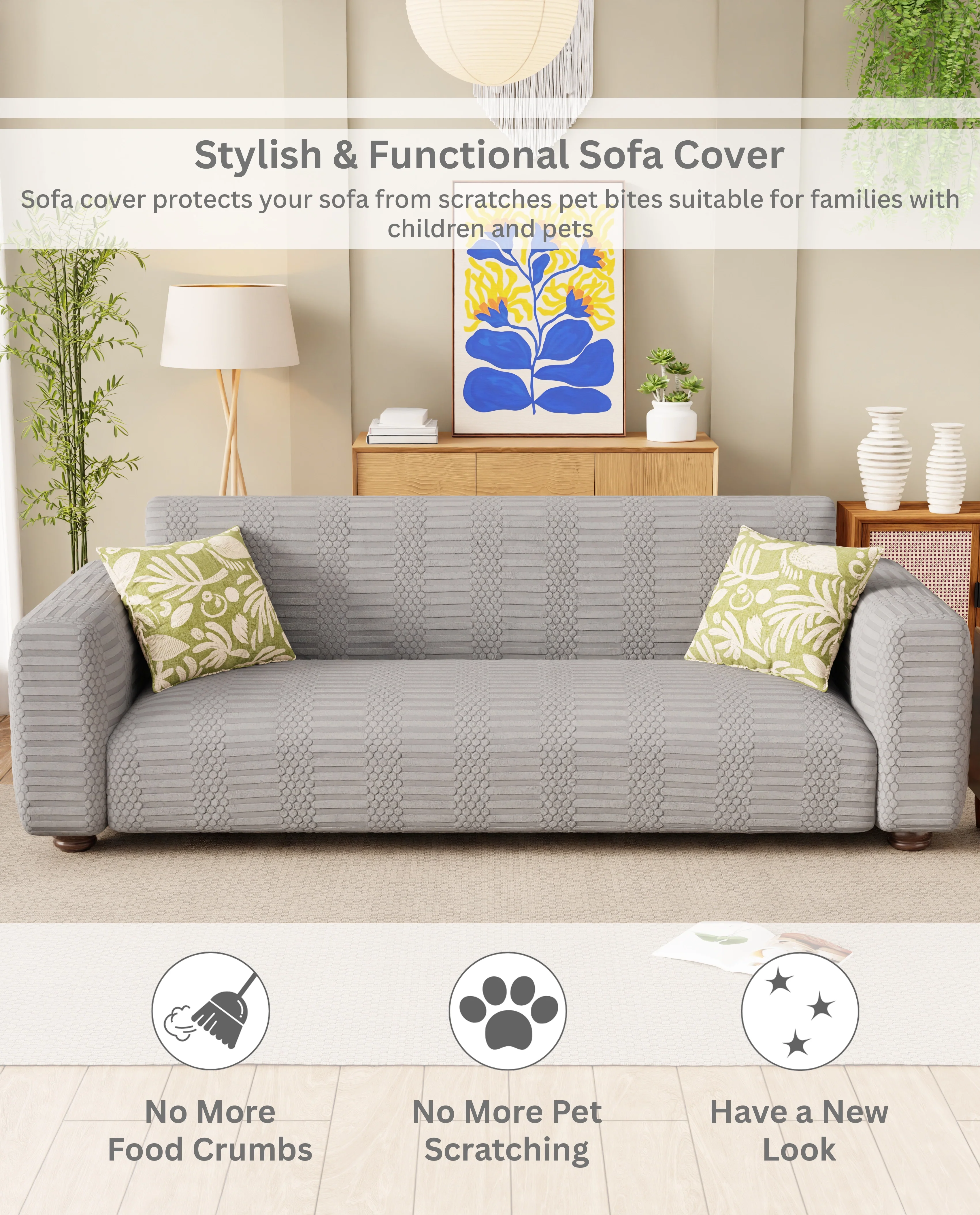 Lukzer Pastel Shades Textured Sofa Cover - Light Grey Dotted Stripe (SC-067-01) - Image 7