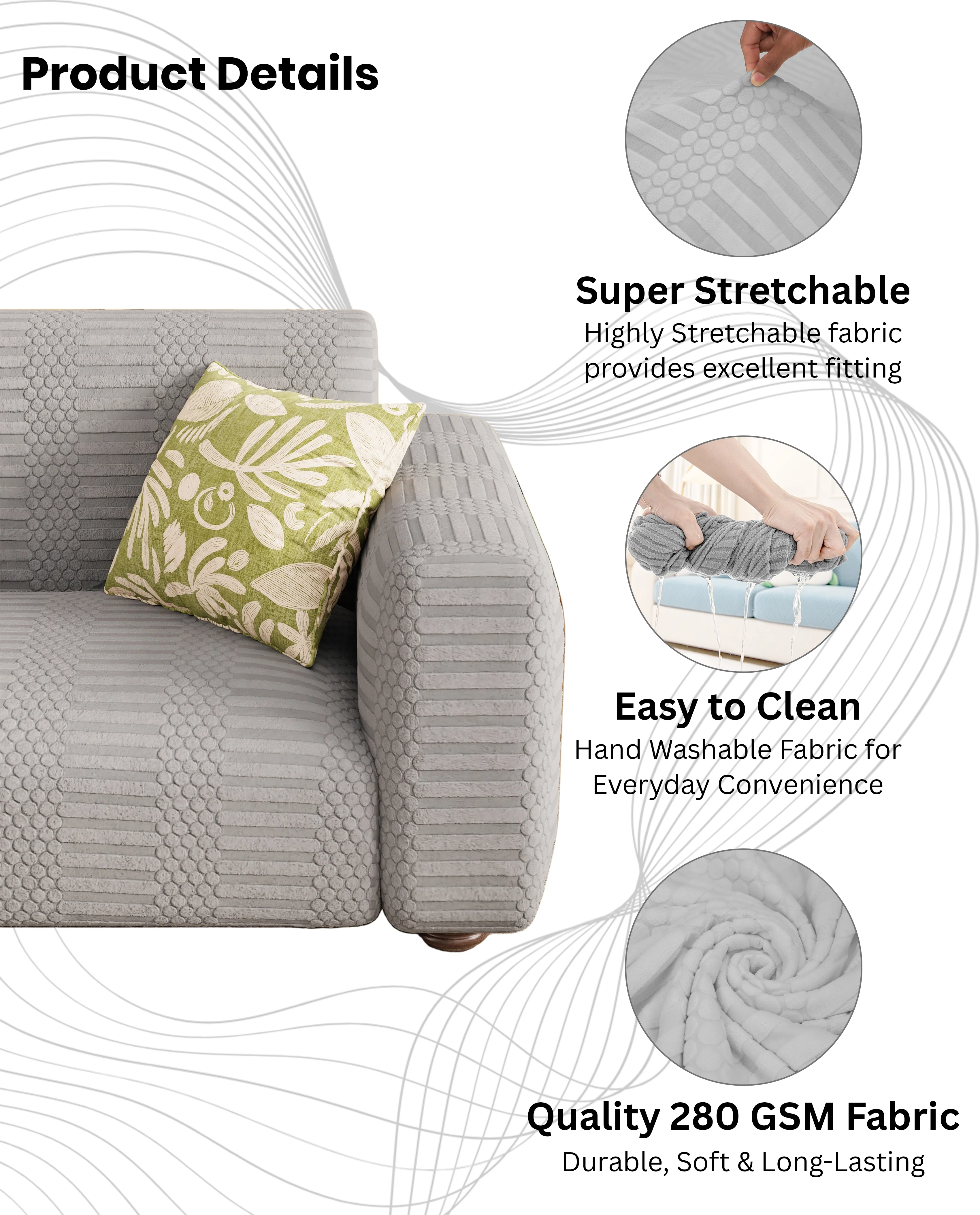 Lukzer Pastel Shades Textured Sofa Cover - Light Grey Dotted Stripe (SC-067-01) - Image 8