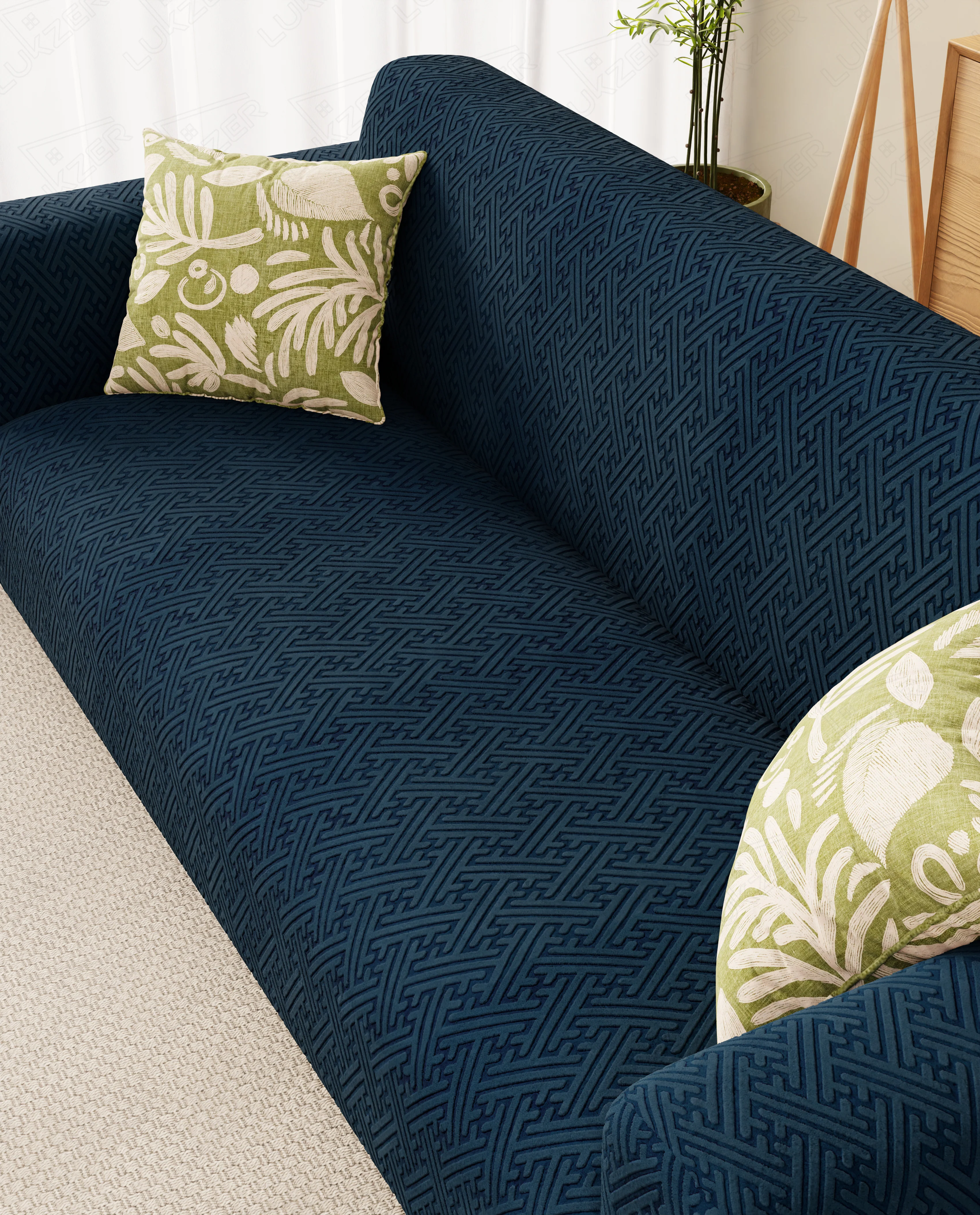 Lukzer Pastel Shades Textured Sofa Cover Marine Blue Grid Maze (SC-110-01) - Image 4