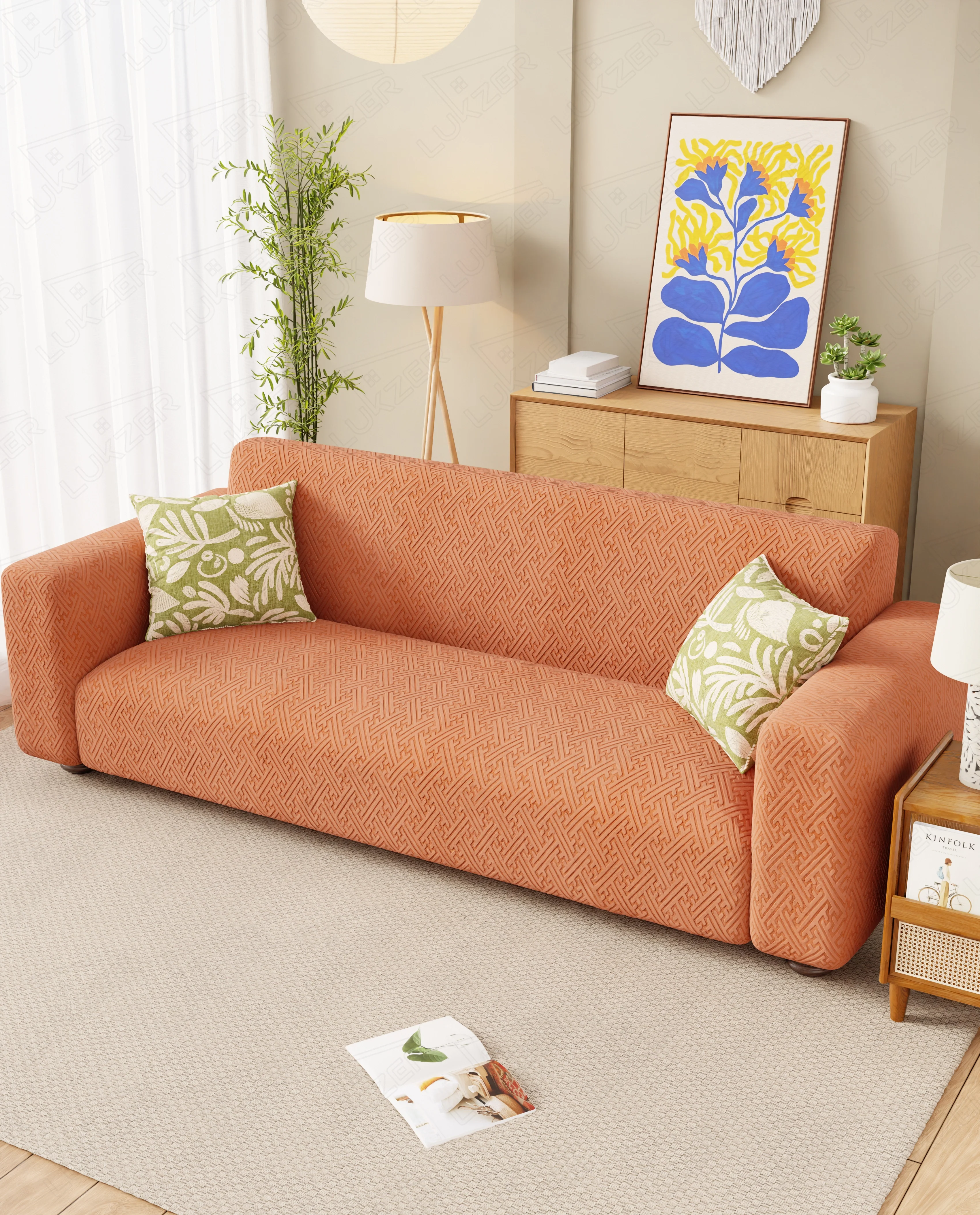 Lukzer Pastel Shades Textured Sofa Cover Orange Grid Maze (SC-106-01) - Image 3