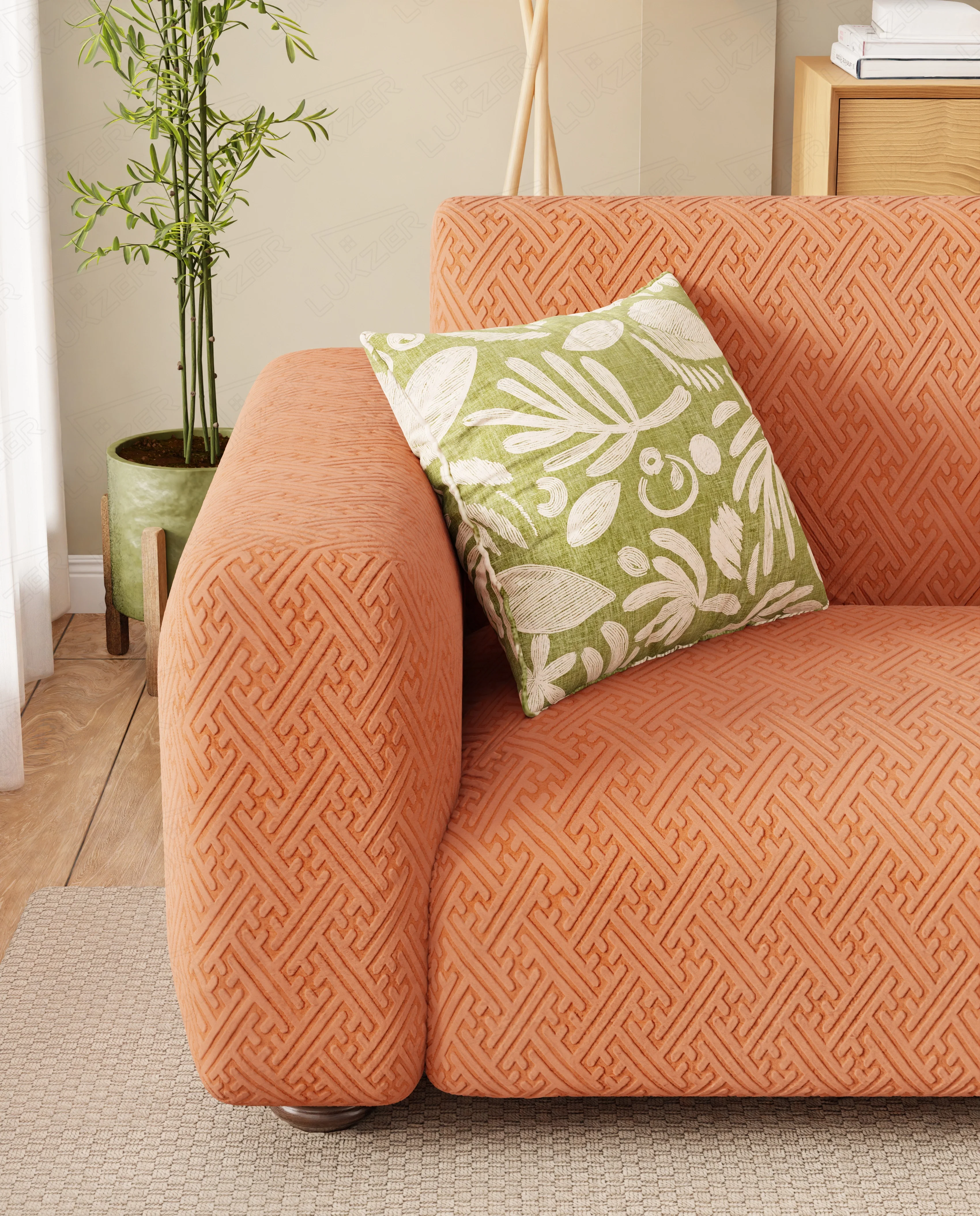 Lukzer Pastel Shades Textured Sofa Cover Orange Grid Maze (SC-106-01) - Image 5