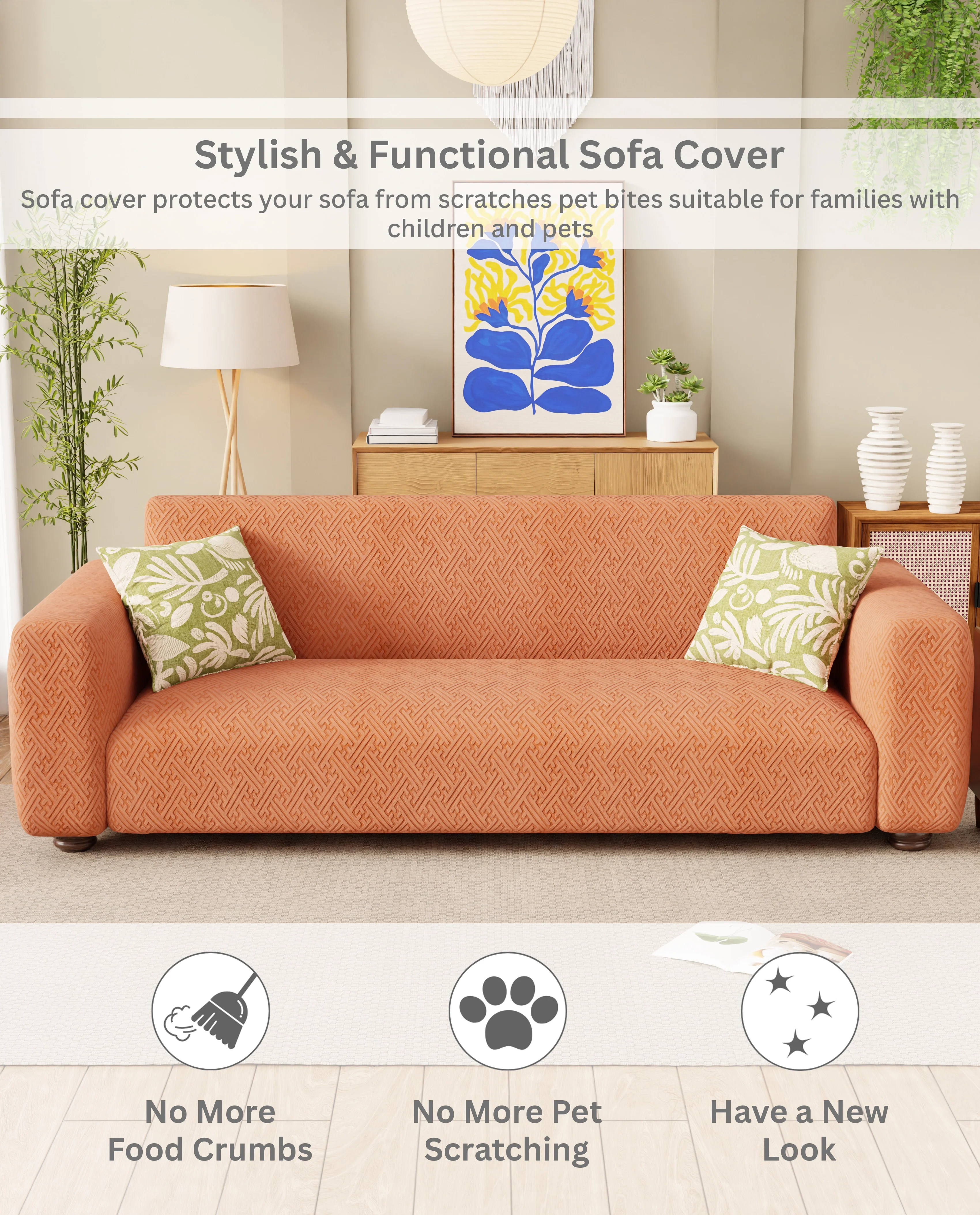 Lukzer Pastel Shades Textured Sofa Cover Orange Grid Maze (SC-106-01) - Image 7