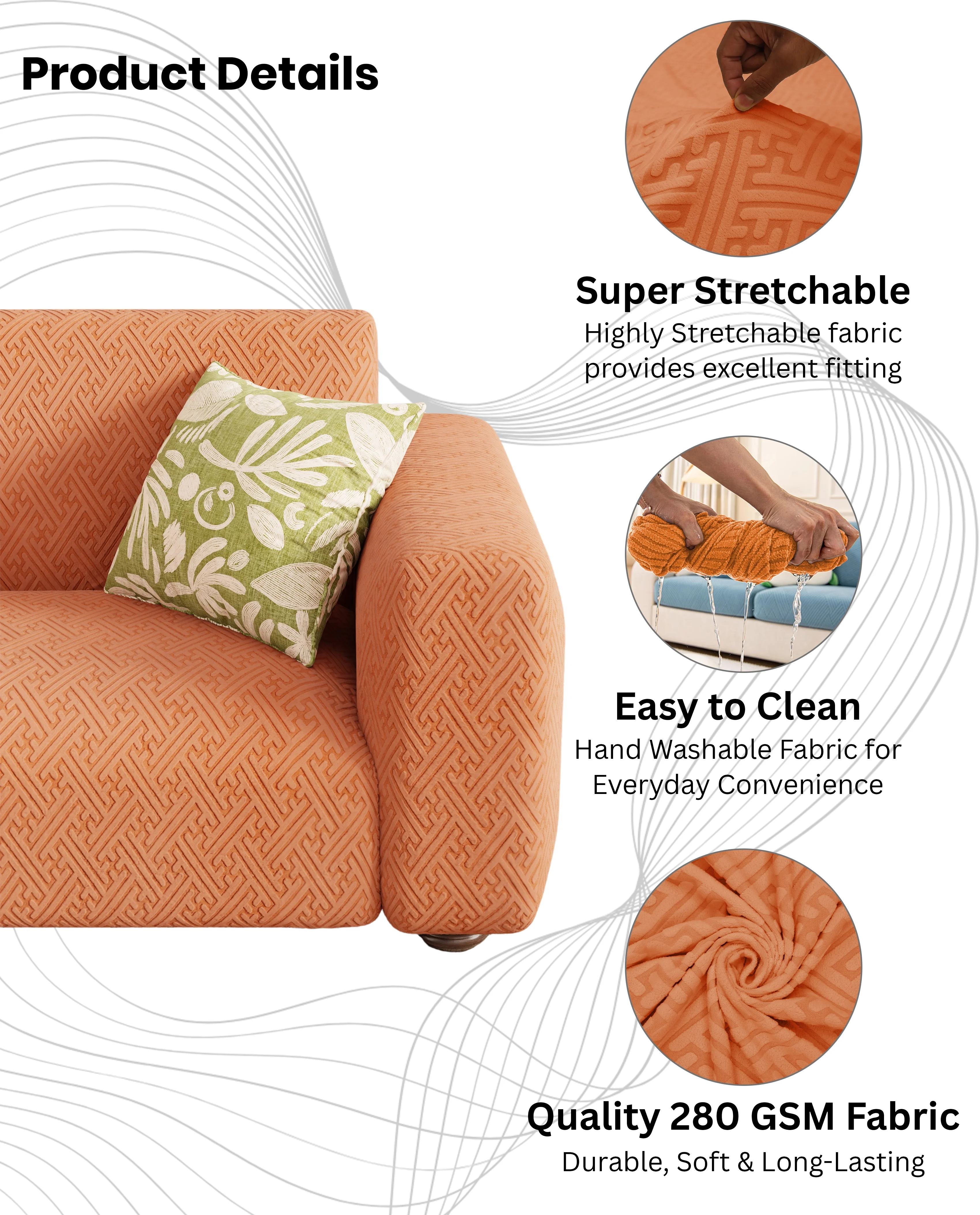 Lukzer Pastel Shades Textured Sofa Cover Orange Grid Maze (SC-106-01) - Image 8