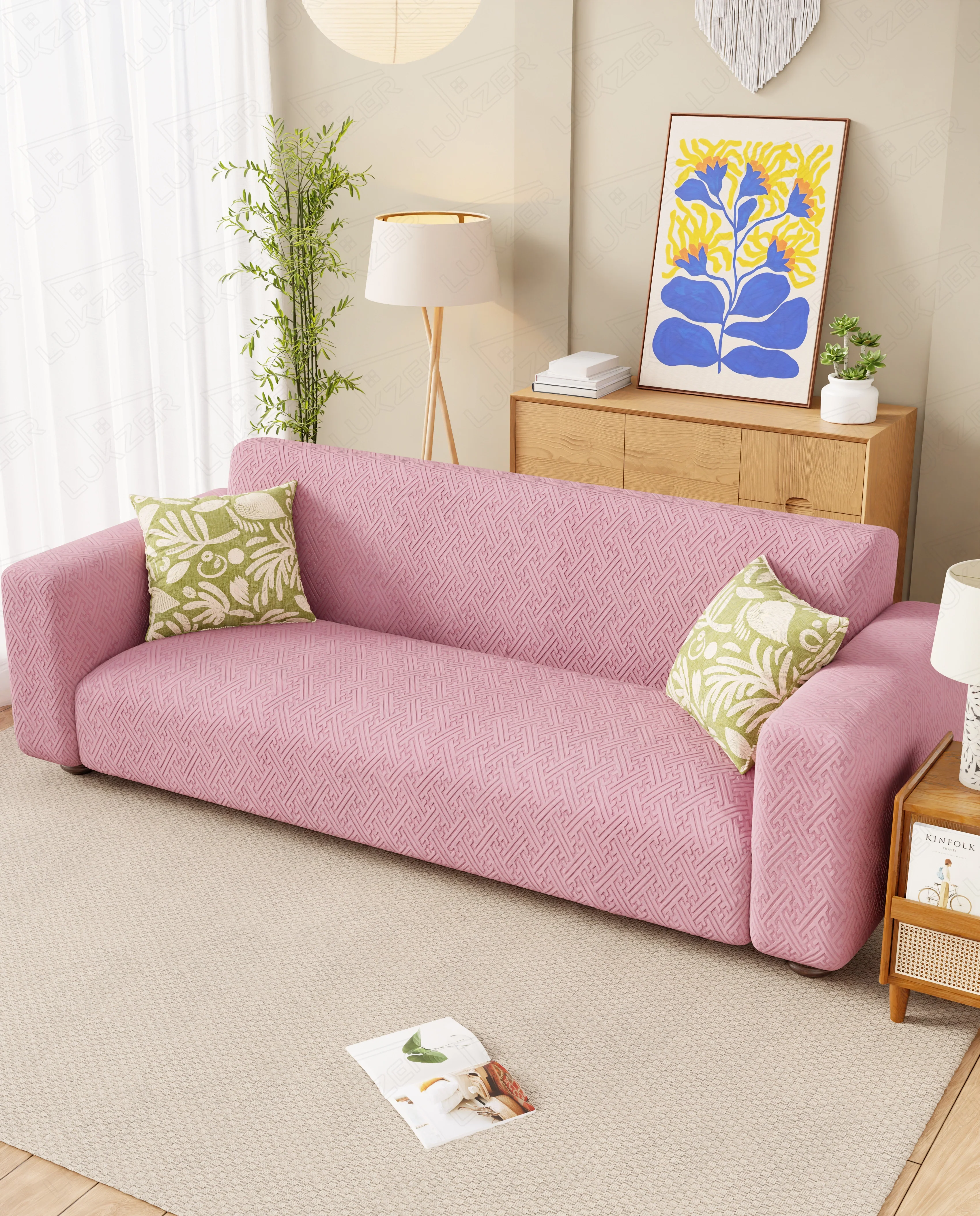 Lukzer Pastel Shades Textured Sofa Cover Pink Grid Maze (SC-108-01) - Image 3