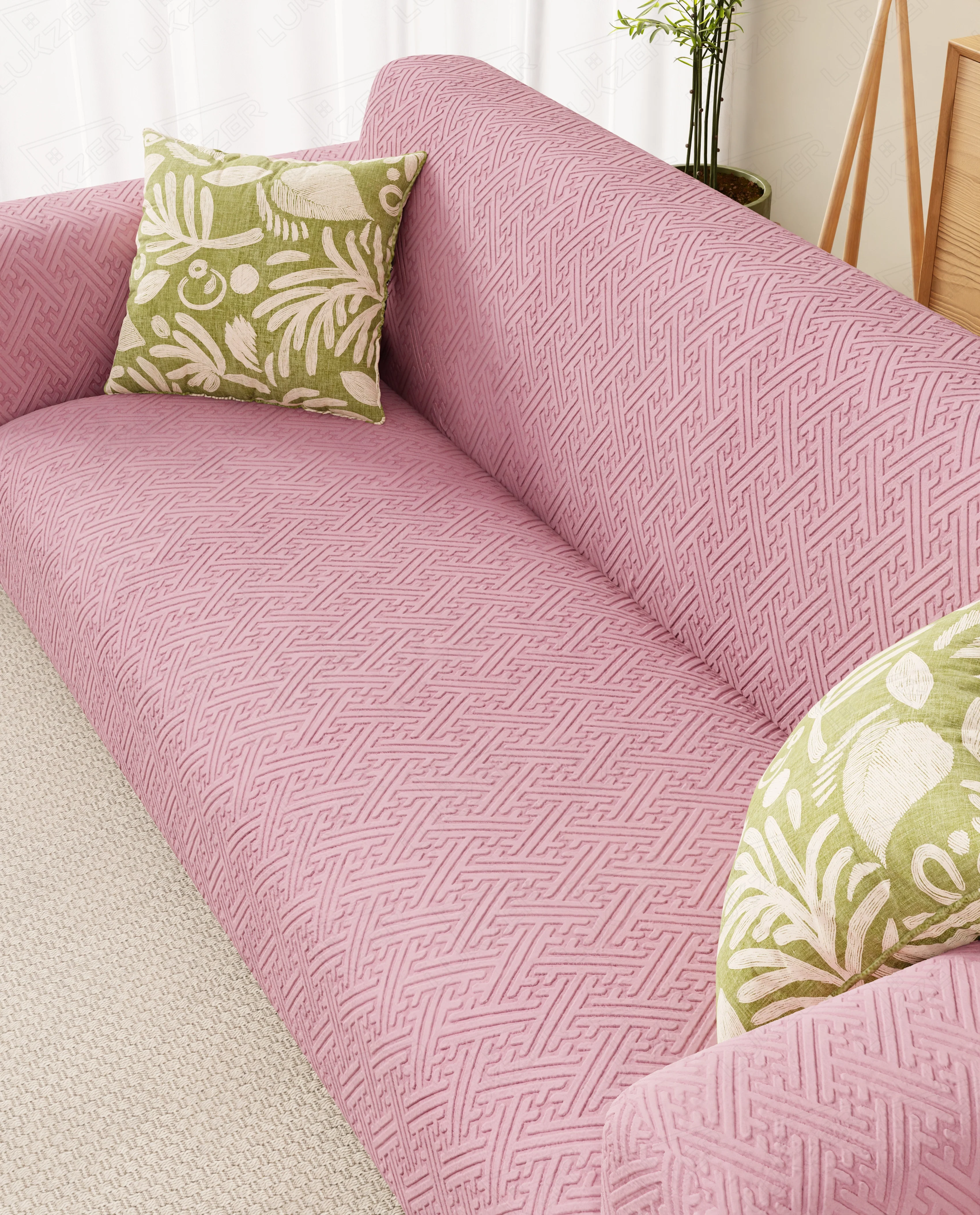 Lukzer Pastel Shades Textured Sofa Cover Pink Grid Maze (SC-108-01) - Image 4