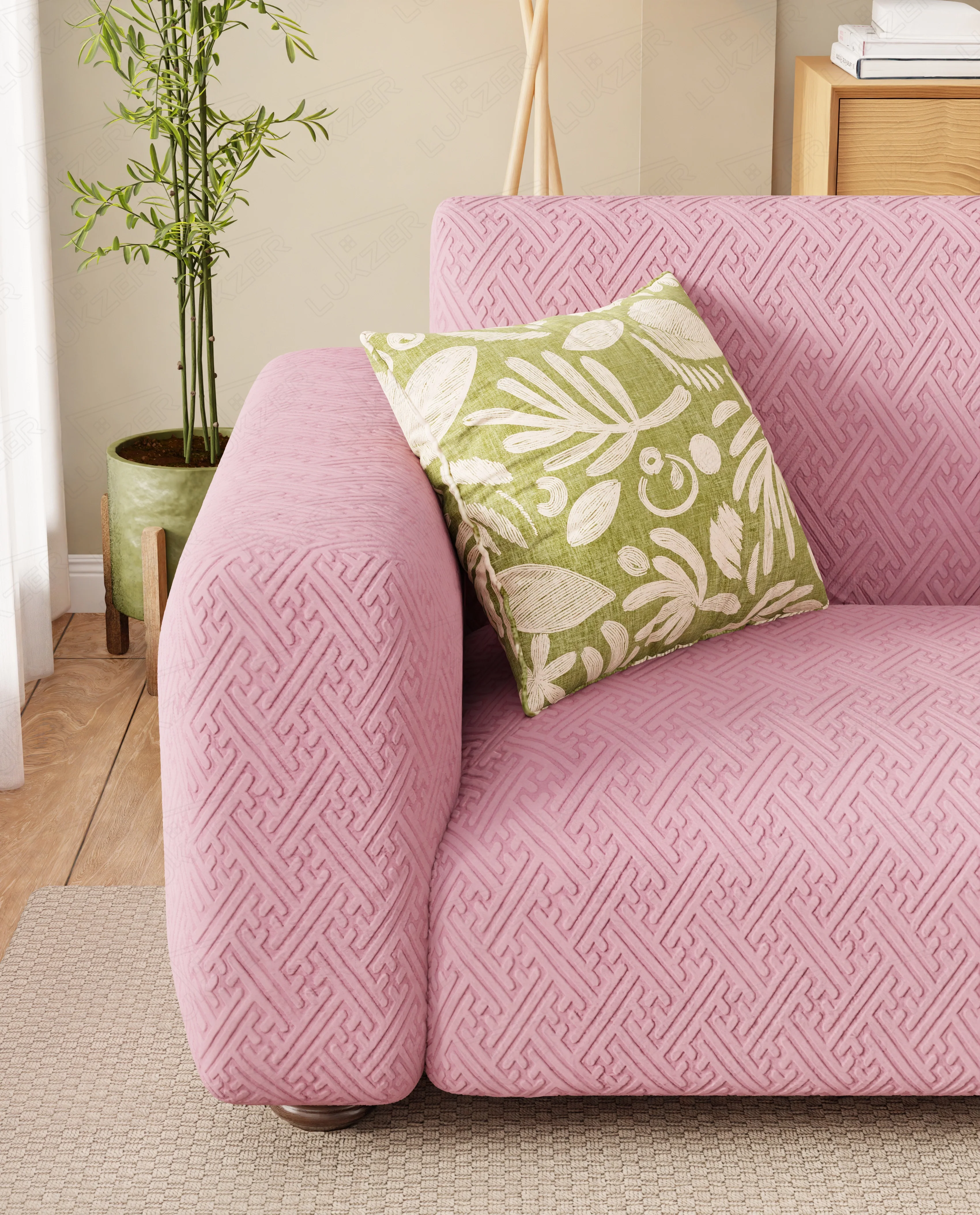 Lukzer Pastel Shades Textured Sofa Cover Pink Grid Maze (SC-108-01) - Image 5