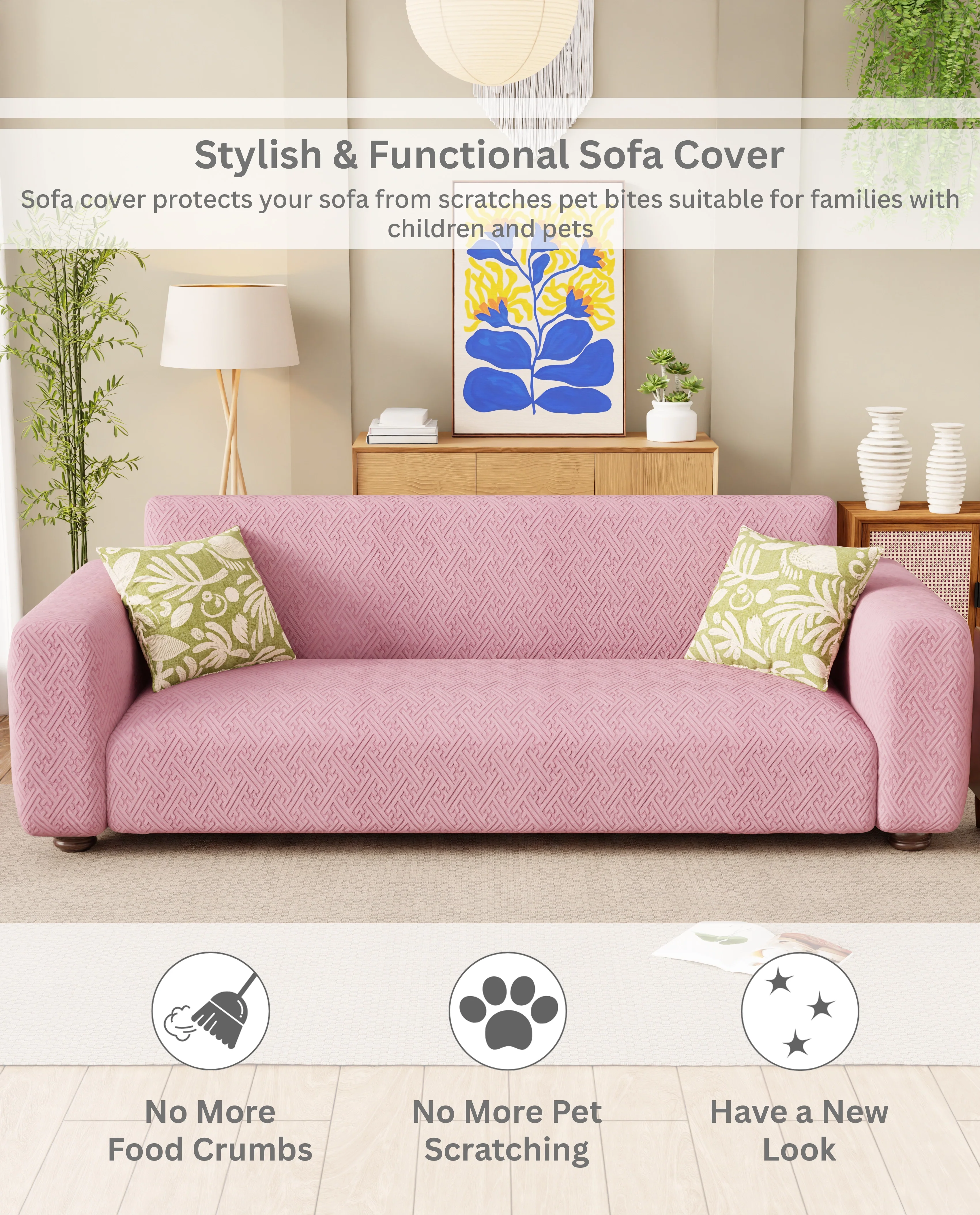 Lukzer Pastel Shades Textured Sofa Cover Pink Grid Maze (SC-108-01) - Image 7