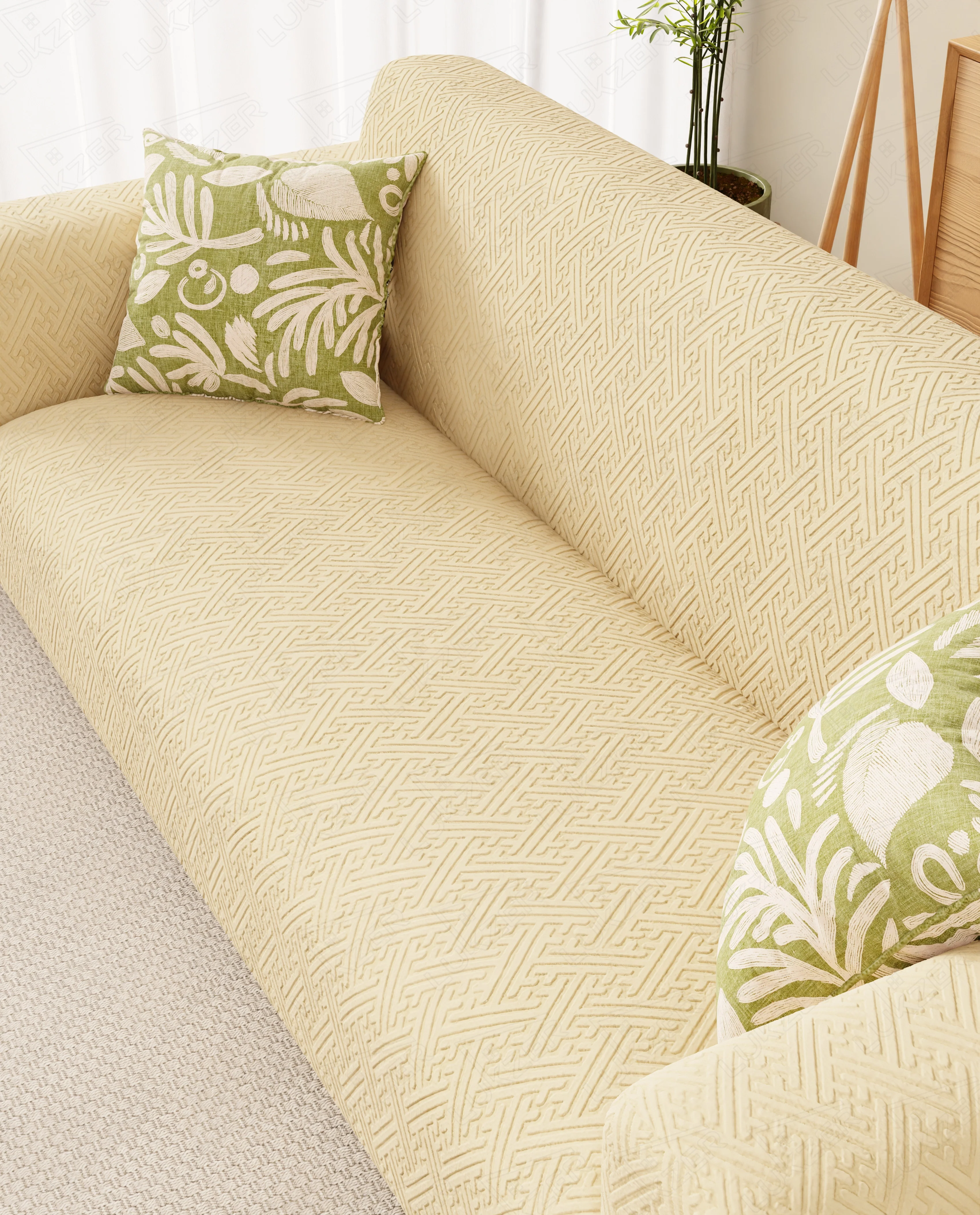 Lukzer Pastel Shades Textured Sofa Cover Yellow Grid Maze (SC-105-01) - Image 4
