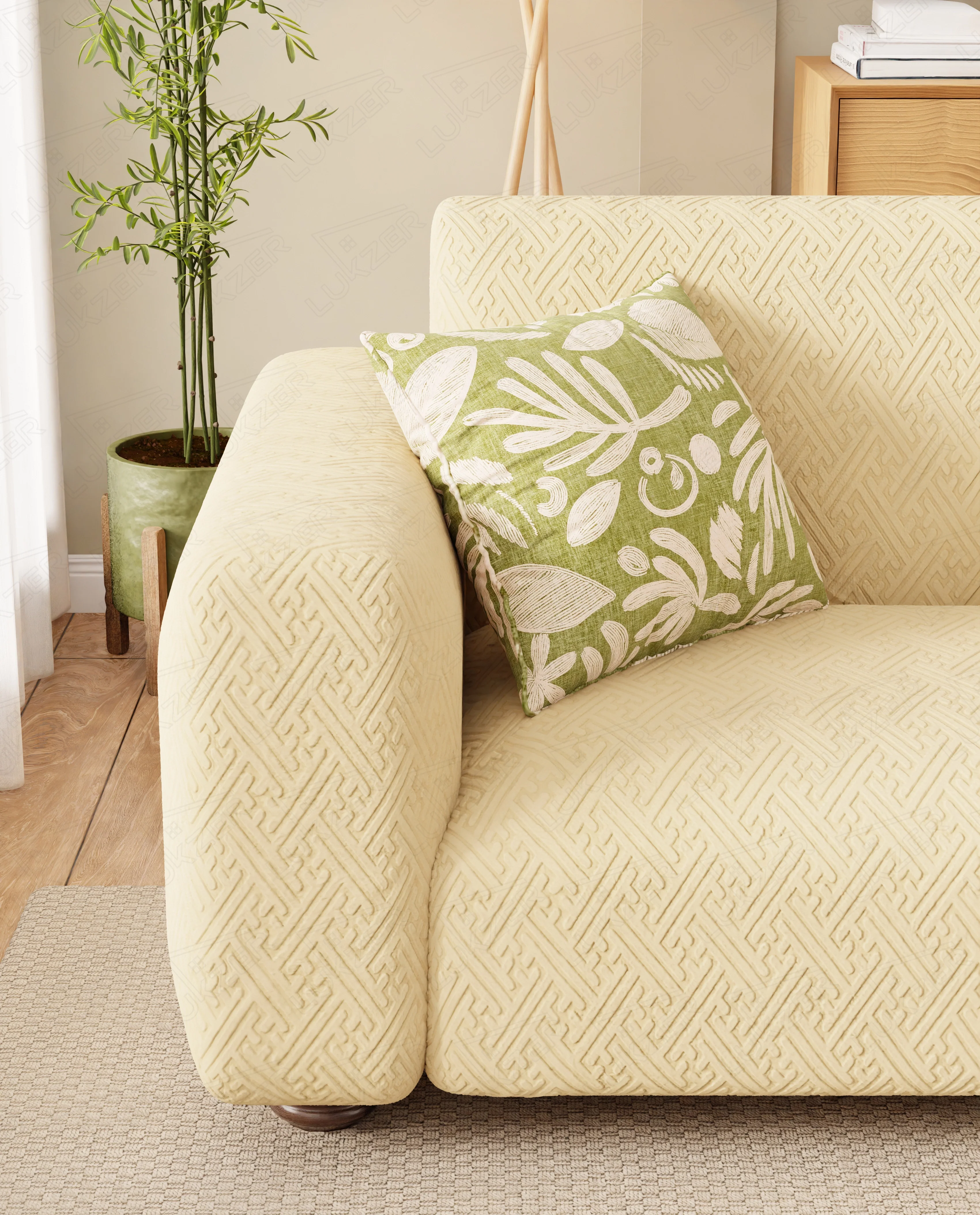 Lukzer Pastel Shades Textured Sofa Cover Yellow Grid Maze (SC-105-01) - Image 5