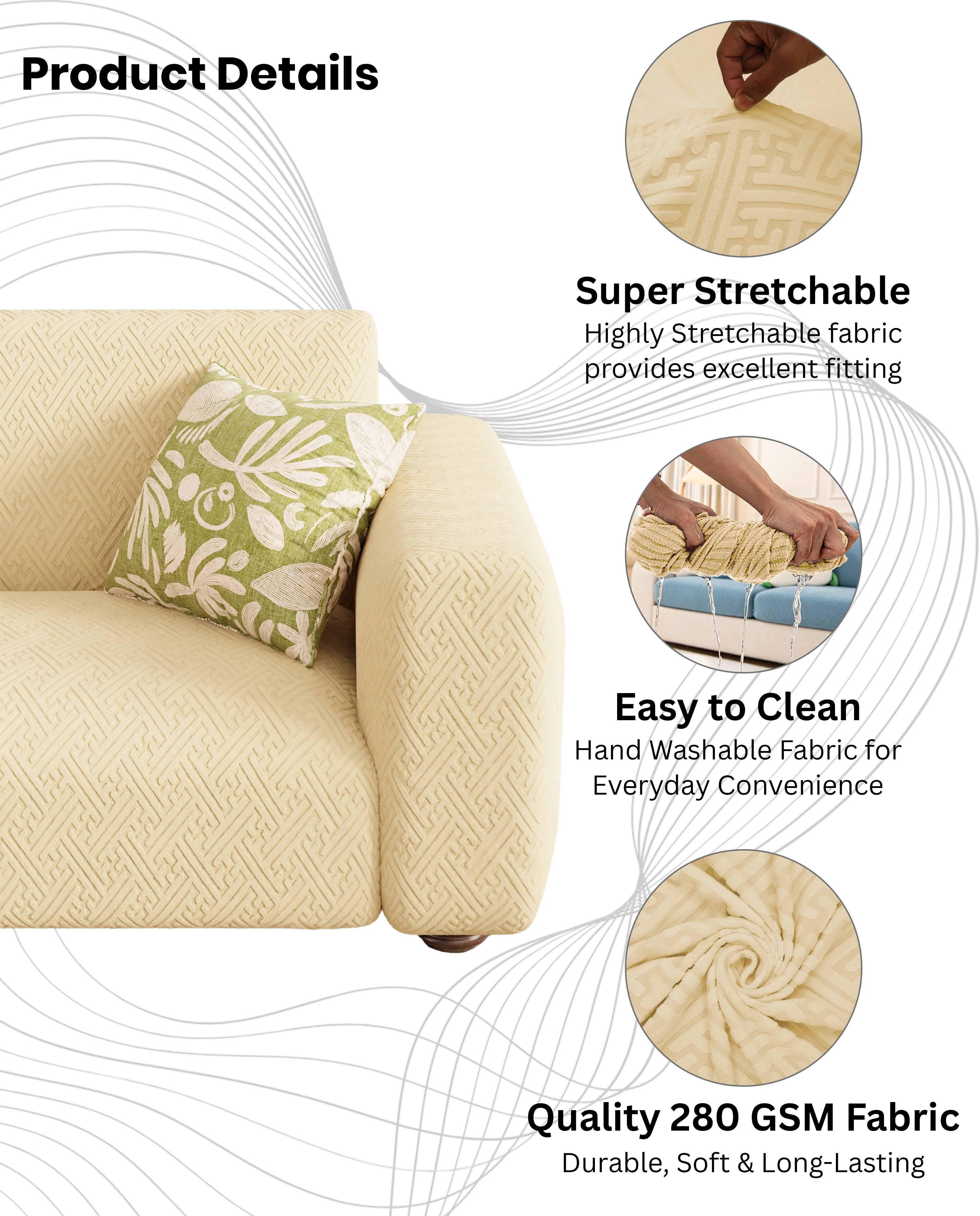 Lukzer Pastel Shades Textured Sofa Cover Yellow Grid Maze (SC-105-01) - Image 7