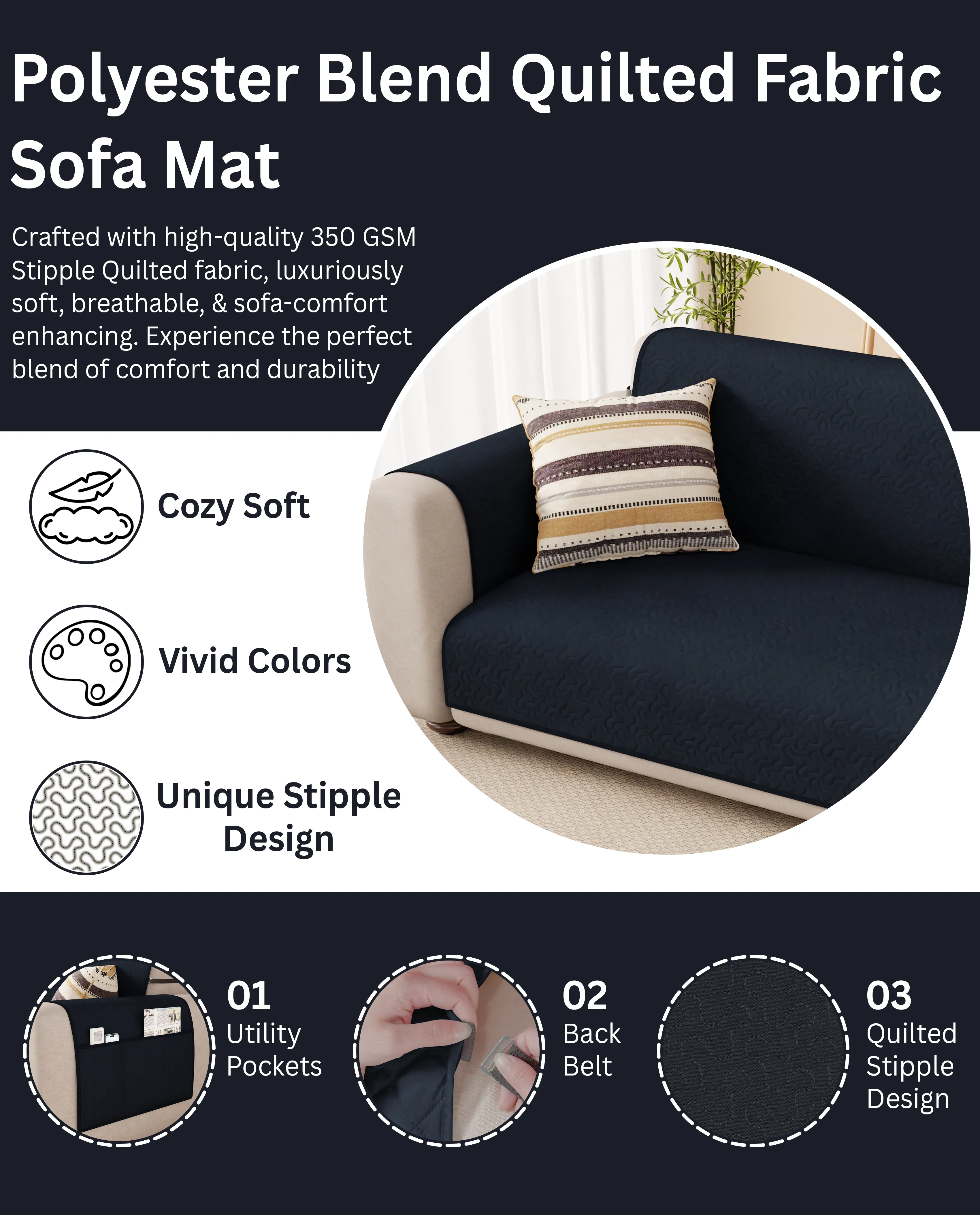 Lukzer Quilted Sofa Mat Stipple Navy Blue (SC-210-01) - Image 6