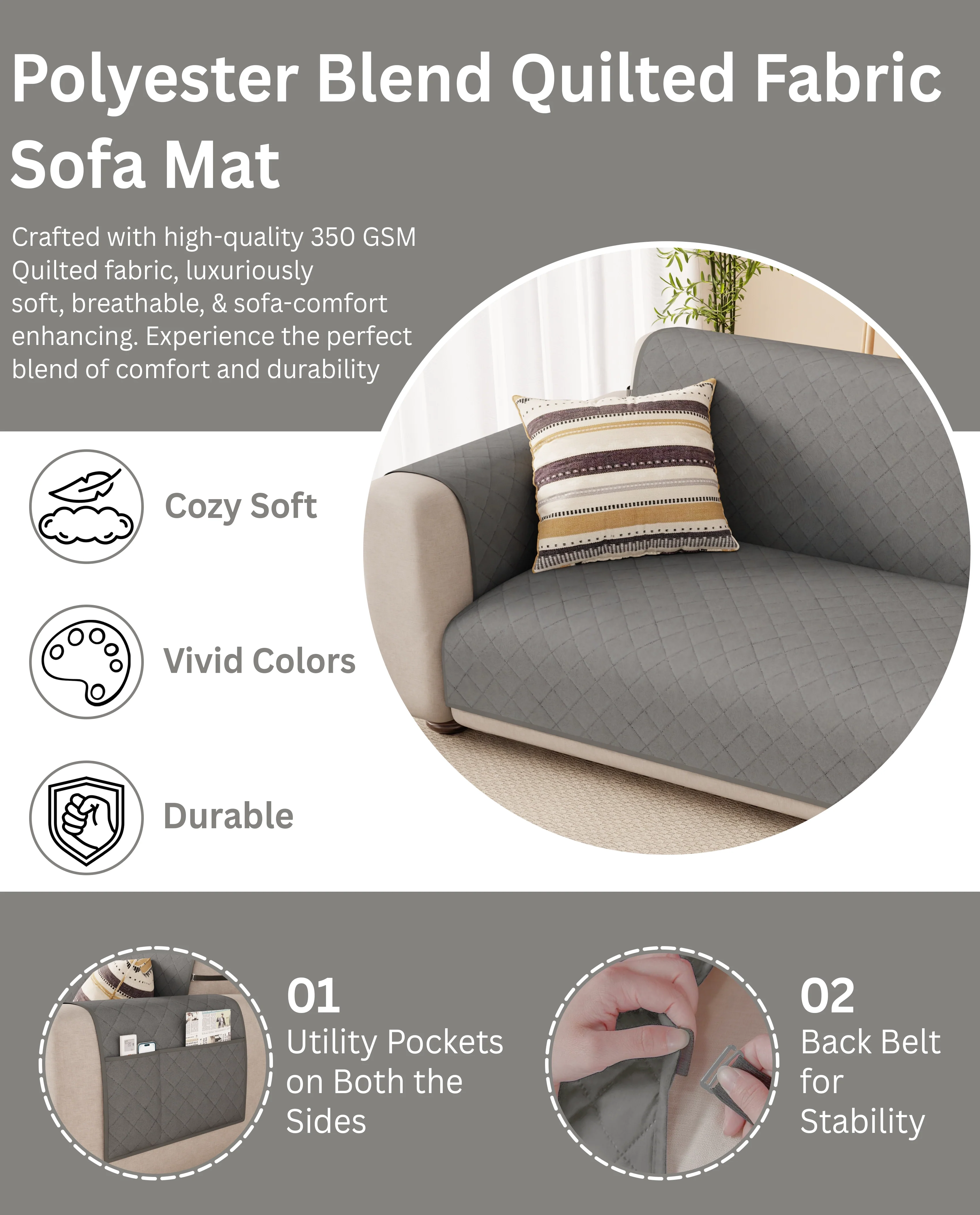 Lukzer Quilted Sofa Mat - Stone Grey (SC-193-01) - Image 7