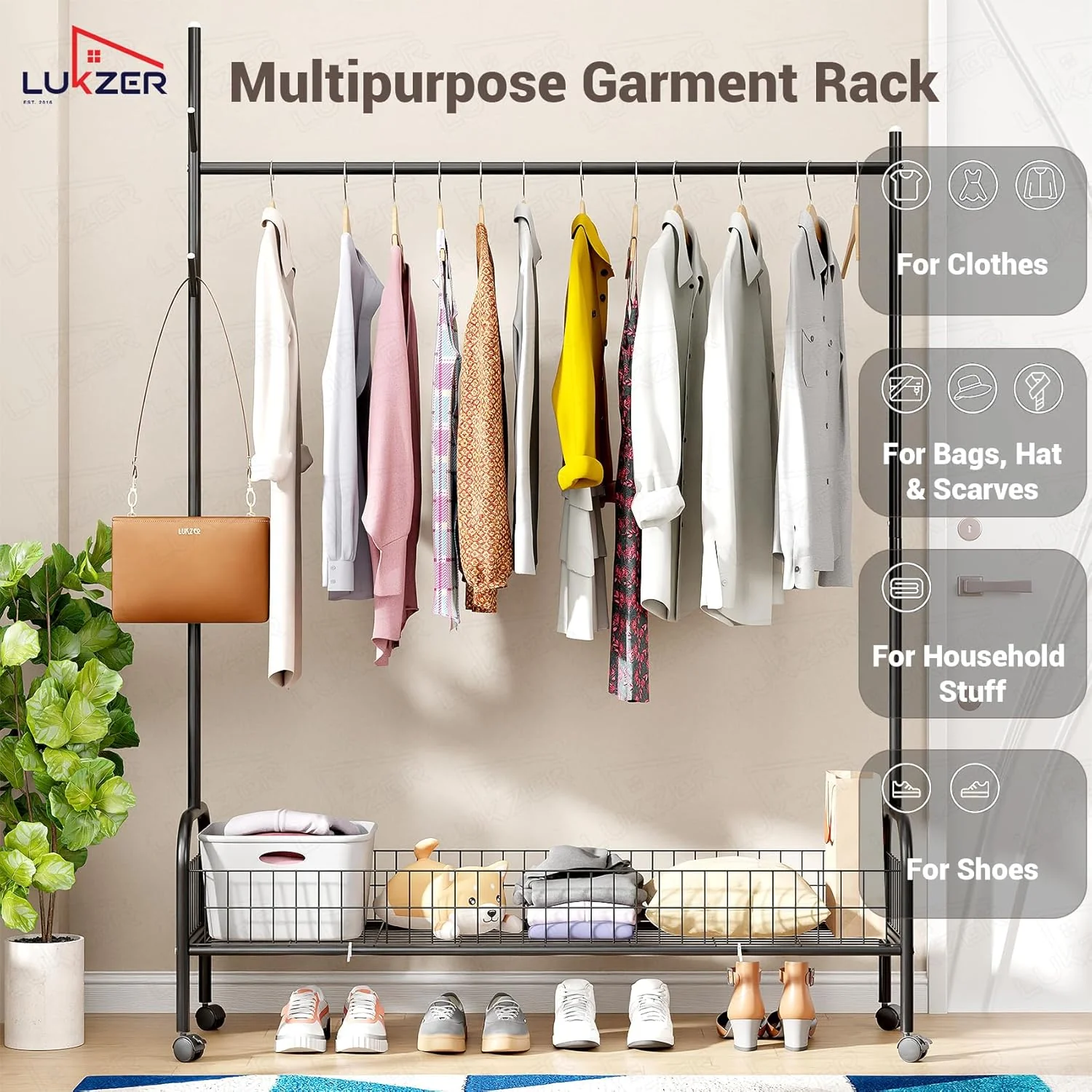 Lukzer Metal Single Rod Clothes Hanging Stand with Bottom Shelf & Lockable Wheels (MGR-003/Black) - Image 6