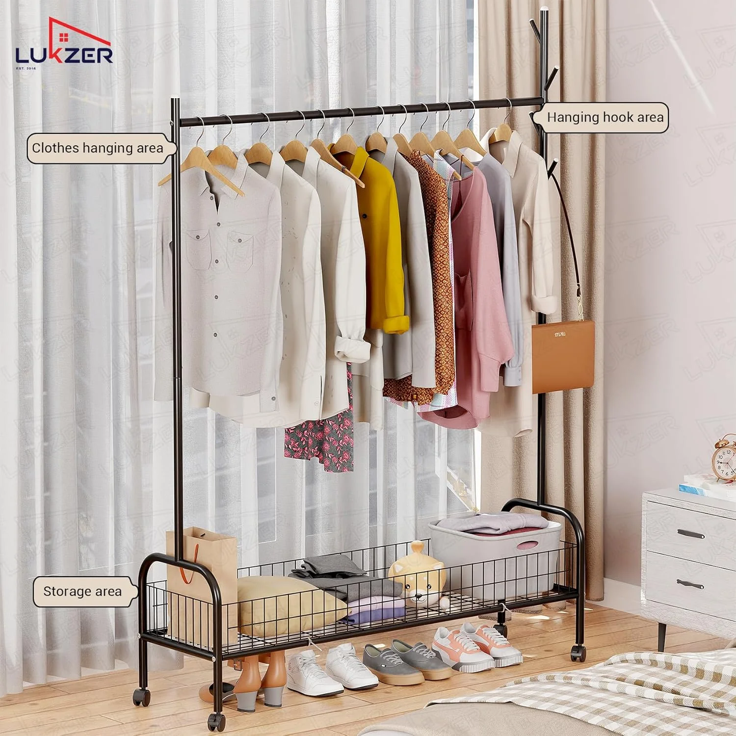 Lukzer Metal Single Rod Clothes Hanging Stand with Bottom Shelf & Lockable Wheels (MGR-003/Black) - Image 7