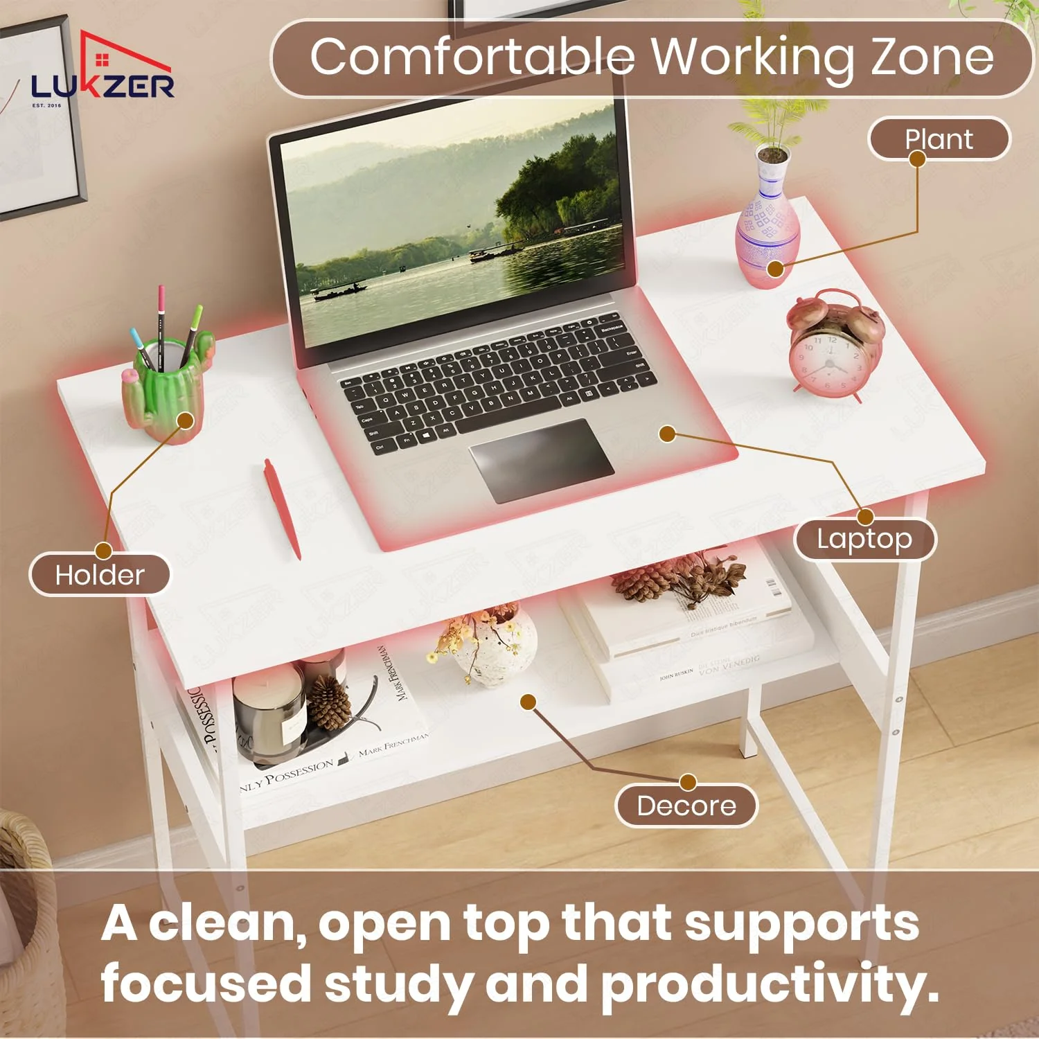 Lukzer Metal & Engineered Wood Kids Study Table with Open Shelf (MST-004S/White & White) - Image 5