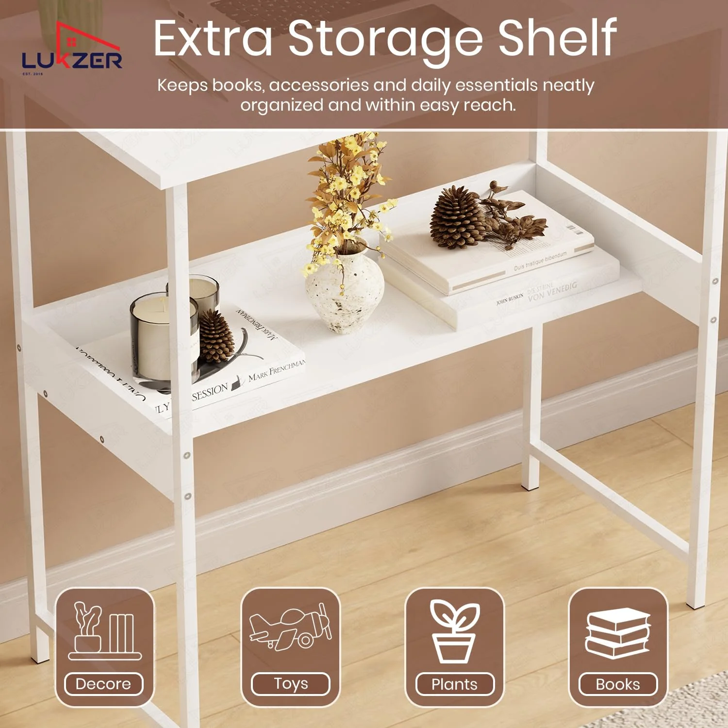 Lukzer Metal & Engineered Wood Kids Study Table with Open Shelf (MST-004S/White & White) - Image 6