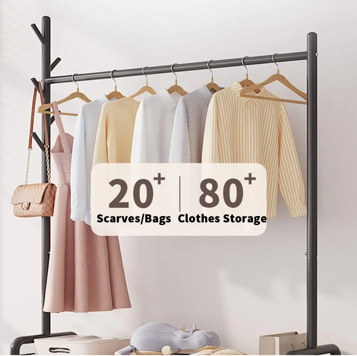 Lukzer Metal Single Rod Clothes Hanging Stand with Double Shelf & Lockable Wheels (MGR-004/Black) - Image 6