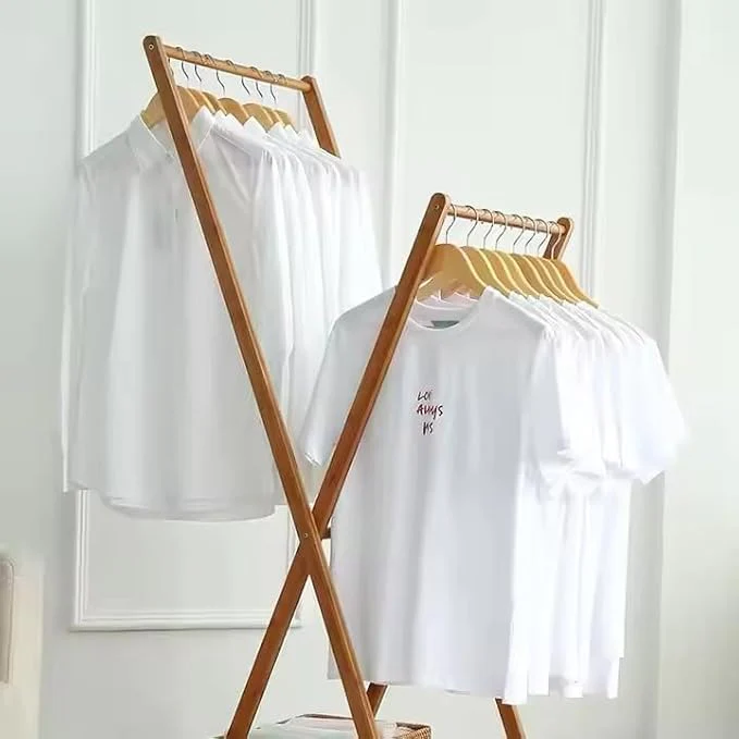 Lukzer X-Shape Bamboo Clothes Rack with Double Hanging Rods & Storage Shelf - Image 4
