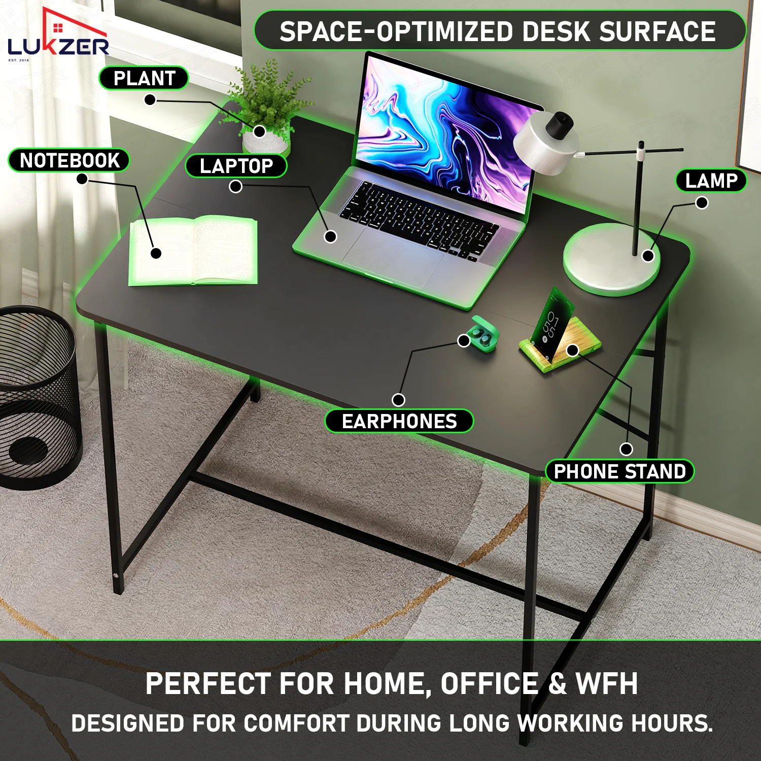 Lukzer X-Support Metal Frame & Engineered Wood Study Table for Home & Office (MST-008) Black &  Black - Image 5