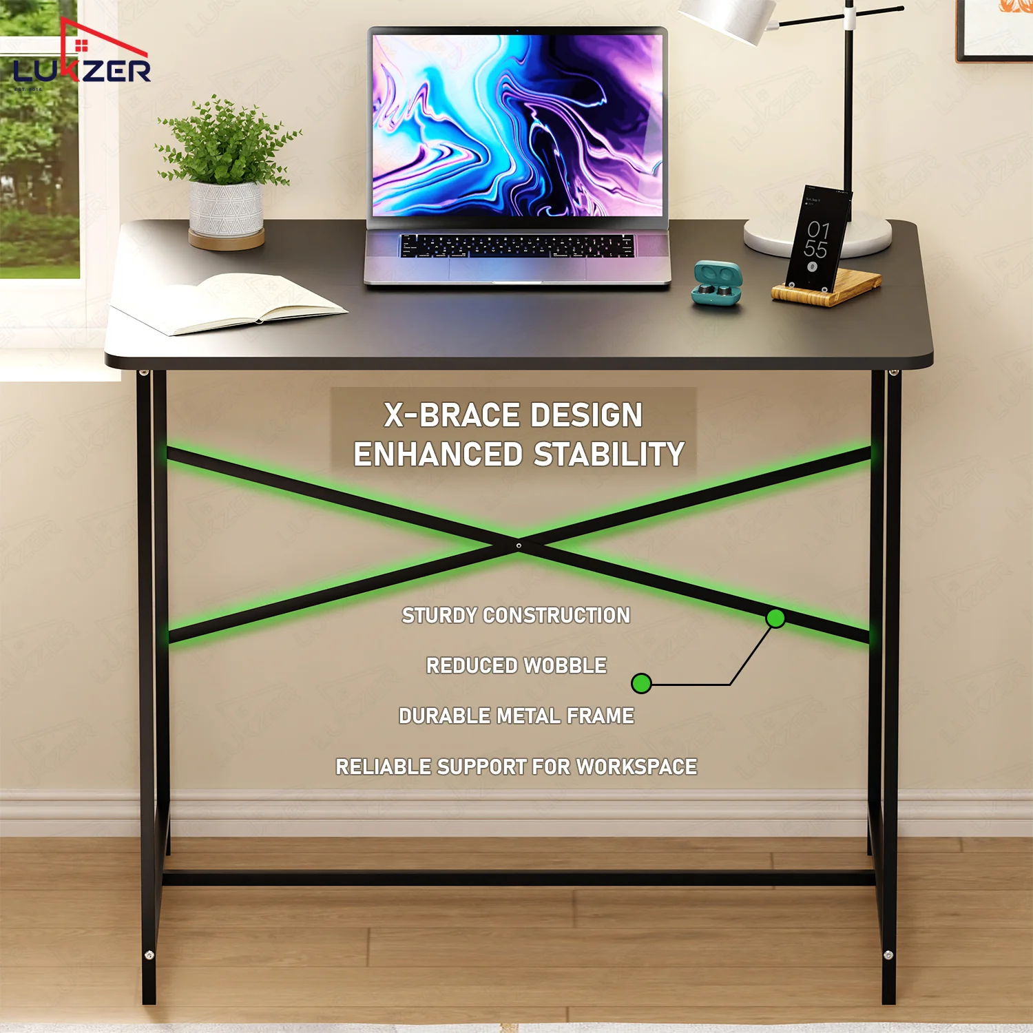 Lukzer X-Support Metal Frame & Engineered Wood Study Table for Home & Office (MST-008) Black &  Black - Image 8