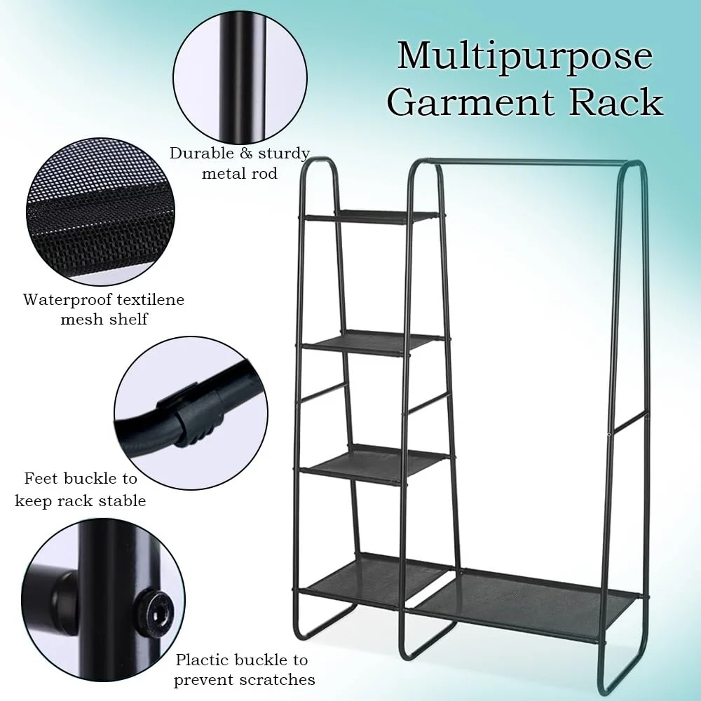 Metal Clothes Rack - Multi-Purpose Portable Garment Organizer Stand 5+1 Layer Rail with Storage Rack (A-Style/150x100x39.5cm) - Image 6