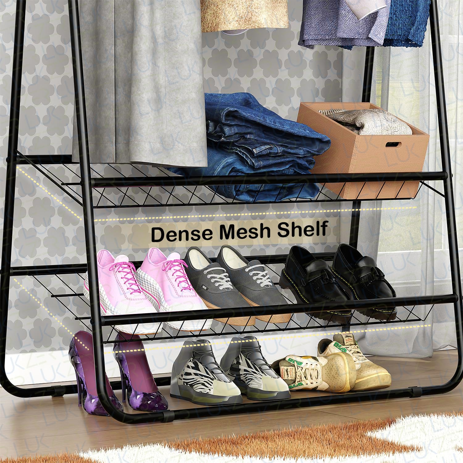 Lukzer Hexa Metal Clothes Drying Rack Laundry Organizer with Wheels (CGS-001/Black) - Image 4